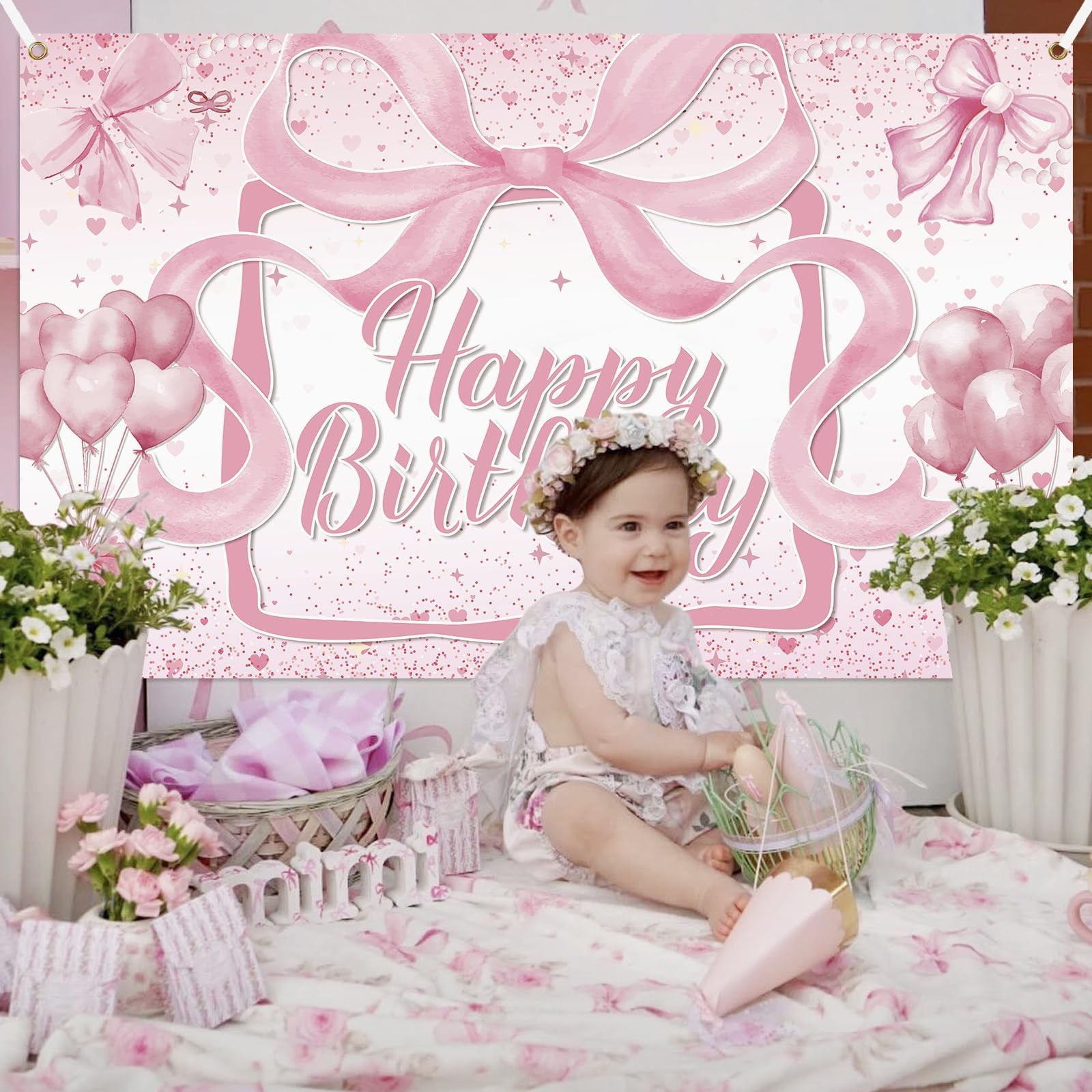 Pink Bow Coquette Happy Birthday Party Decoration Backdrop 6×3.6 Ft Banner
