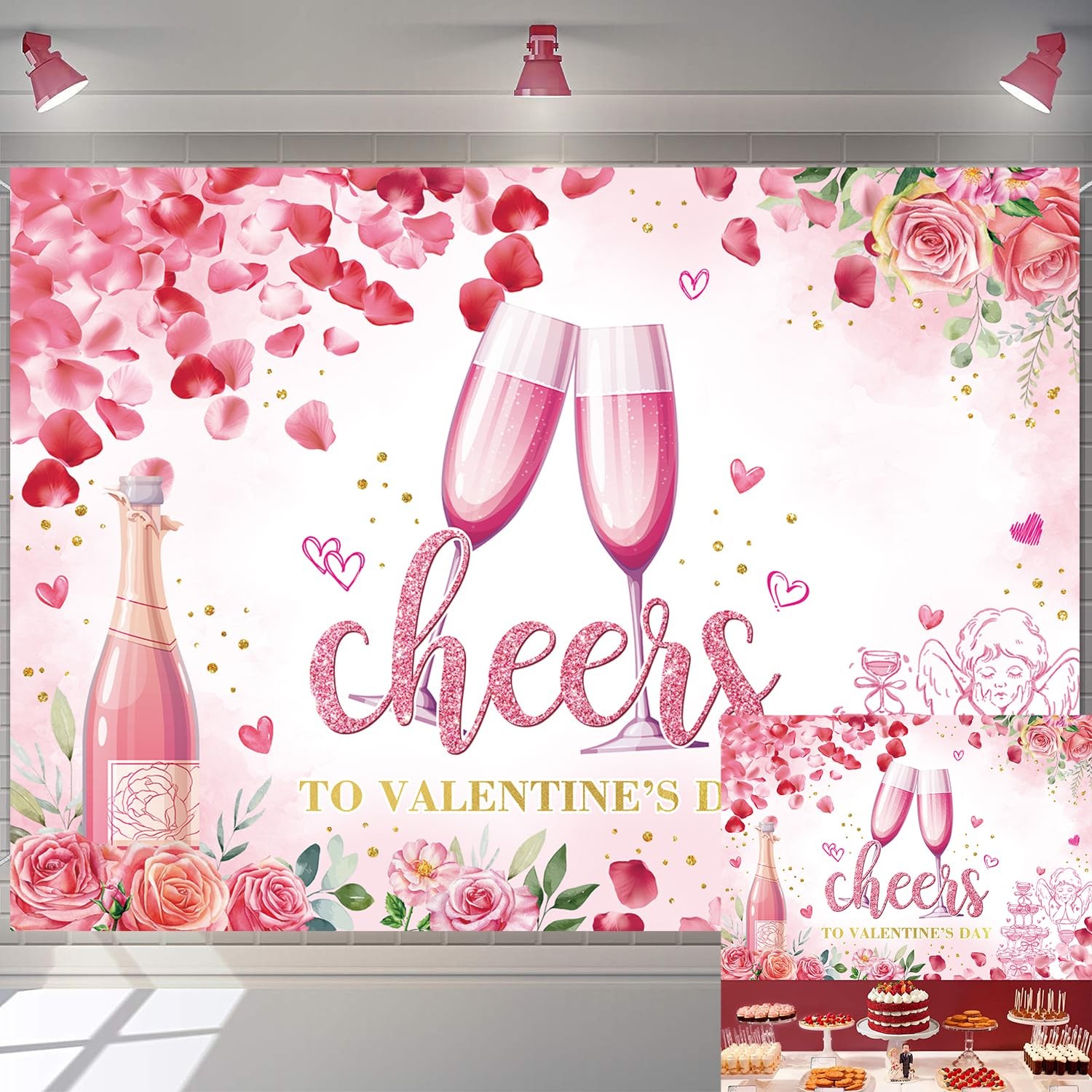 7x5FT 210x150cm Valentines Day Backdrop Pink Flower Love Heart Glitter Dots