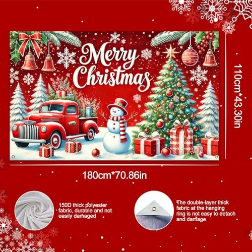 Red Truck Backdrop with Snowman 71×43 Inch Merry Christmas Banner