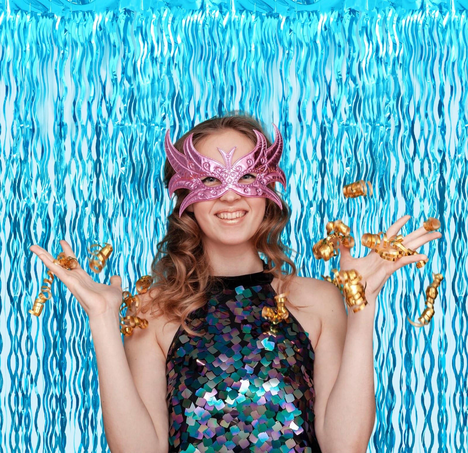 3 Pcs Wavy Light Blue Tinsel Foil Fringe Curtains, Party Photo Backdrop, Decor