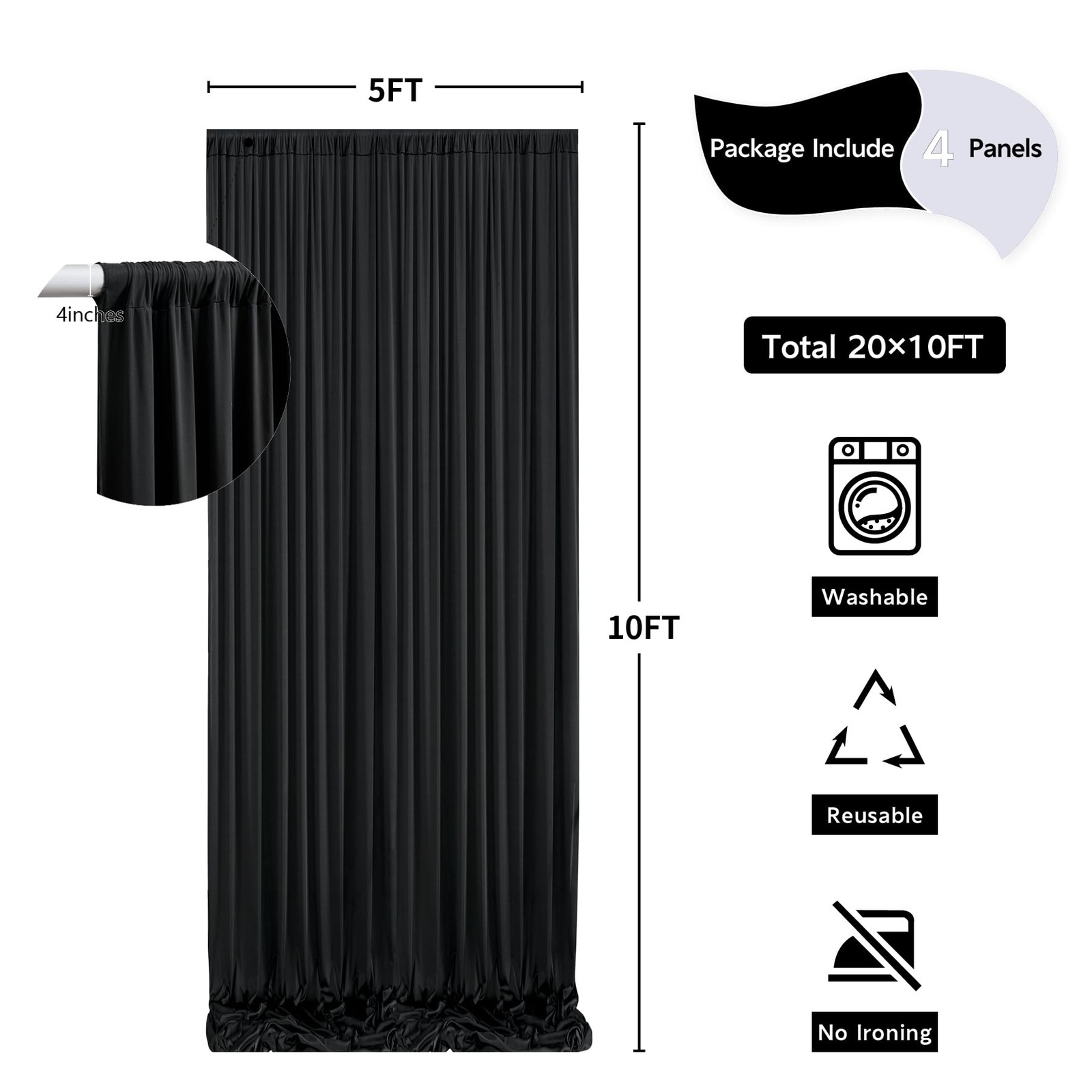 20ft x 10ft Wrinkle Free Black Backdrop Curtain – 4 Panels Polyester Drapes