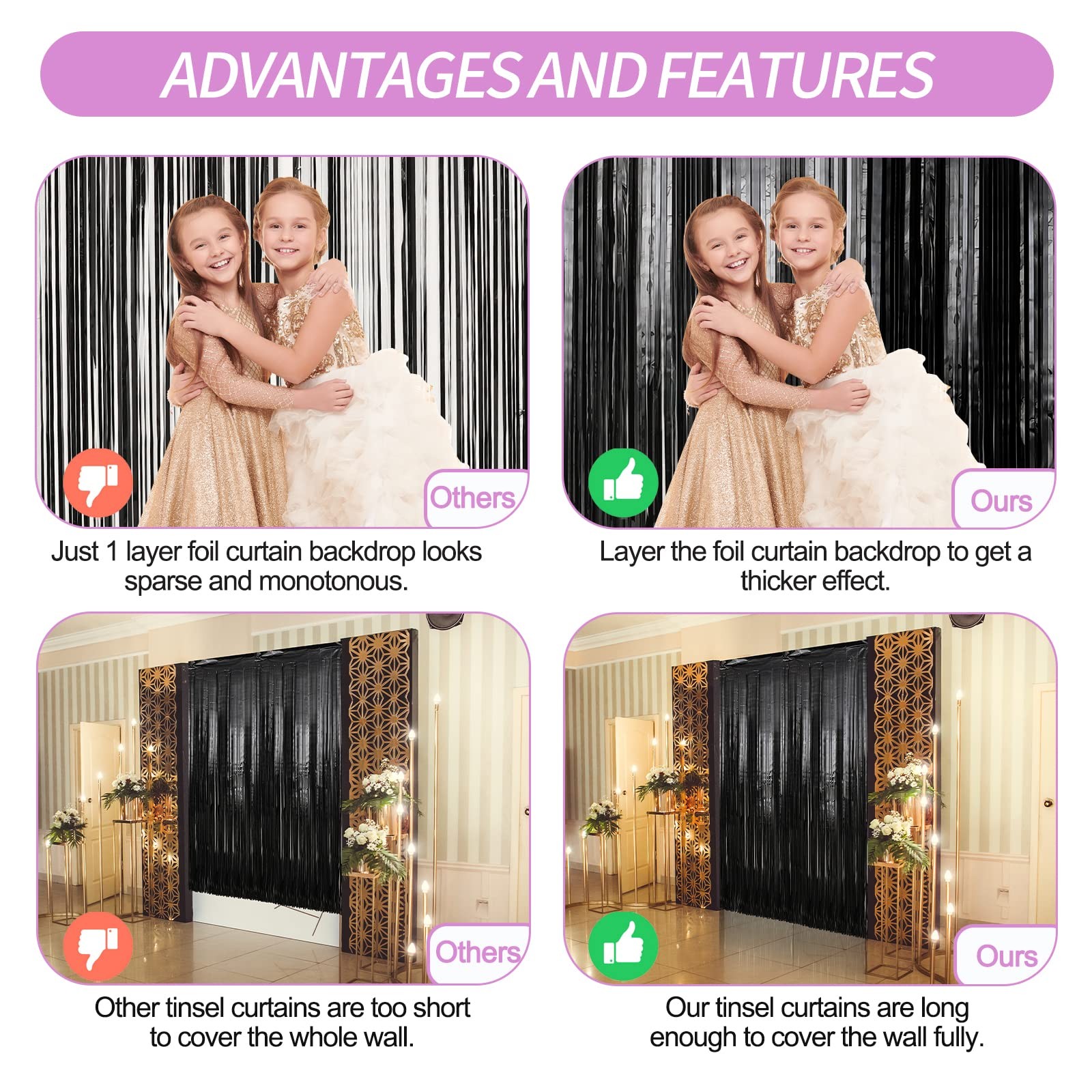 7 Pack 3.3 x 9.9 ft Black Foil Fringe Backdrop Curtain Birthday Party Decor