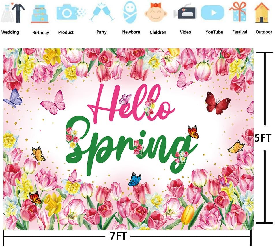 Hello Spring Backdrop Flower Butterfly Photography 7x5FT（210x150cm）, Pink