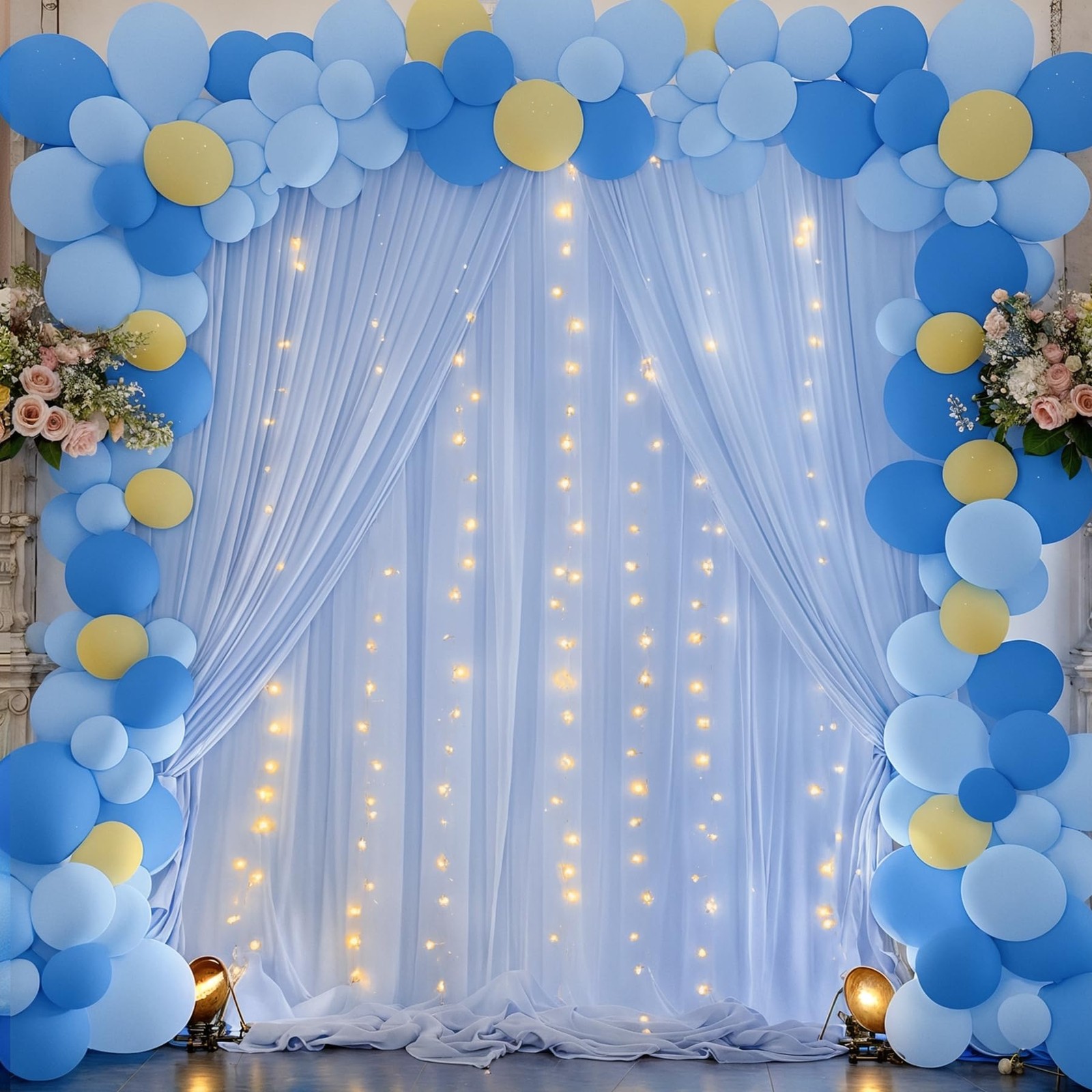 10 x 10 Ft Baby Blue Chiffon Backdrop Curtain Lights String Wedding Photo
