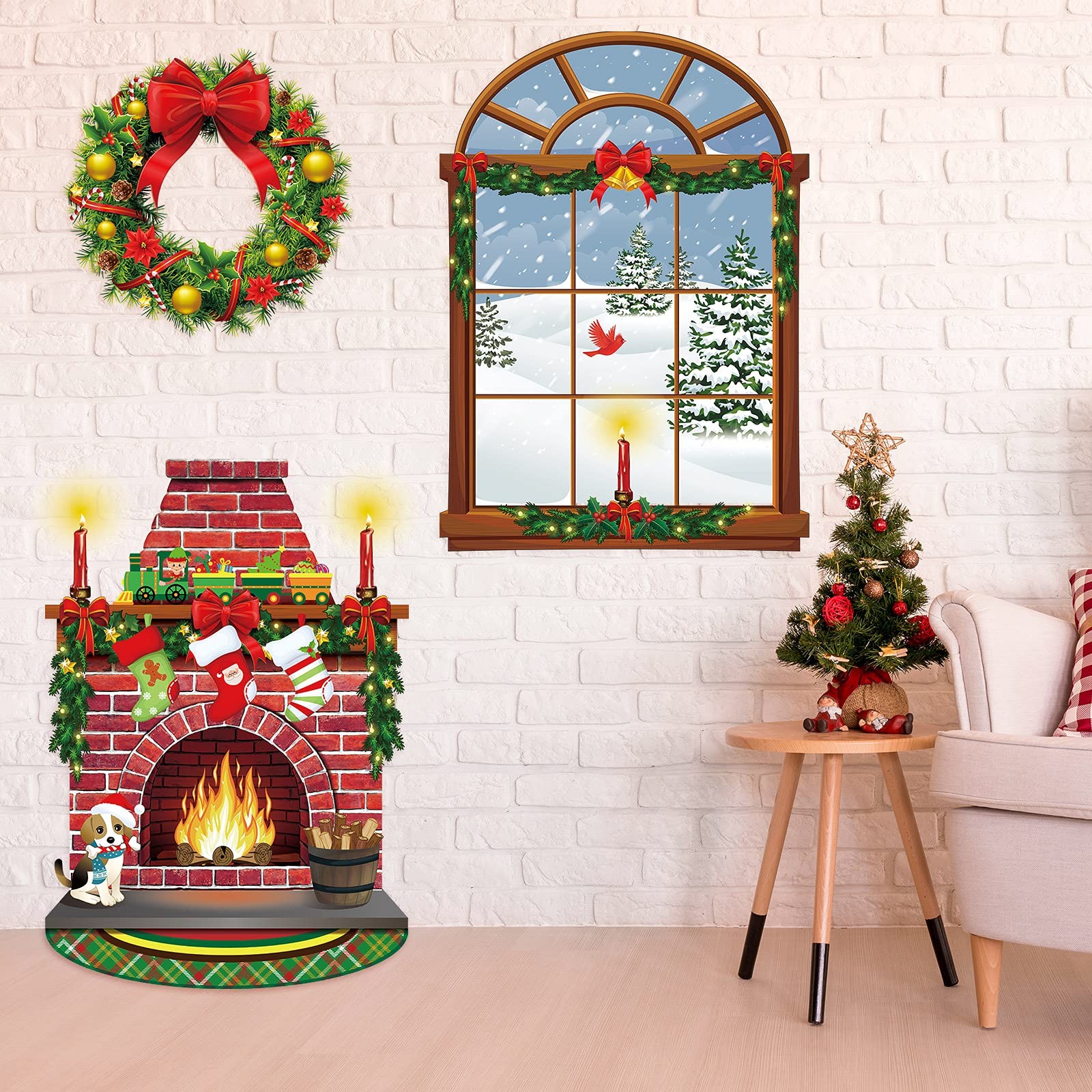 Christmas Wall Decor Fireplace Backdrop Window Winter Tree Background Cute