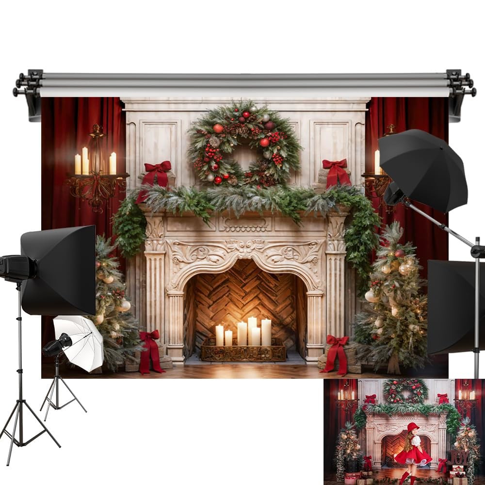 Christmas Fireplace Xmas Tree Wreath Candlelight Photography Backdrop 7x5ft