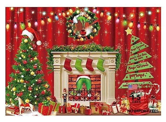 7x5ft Cartoon Stole Christmas Fireplace Backdrop for Winter Party