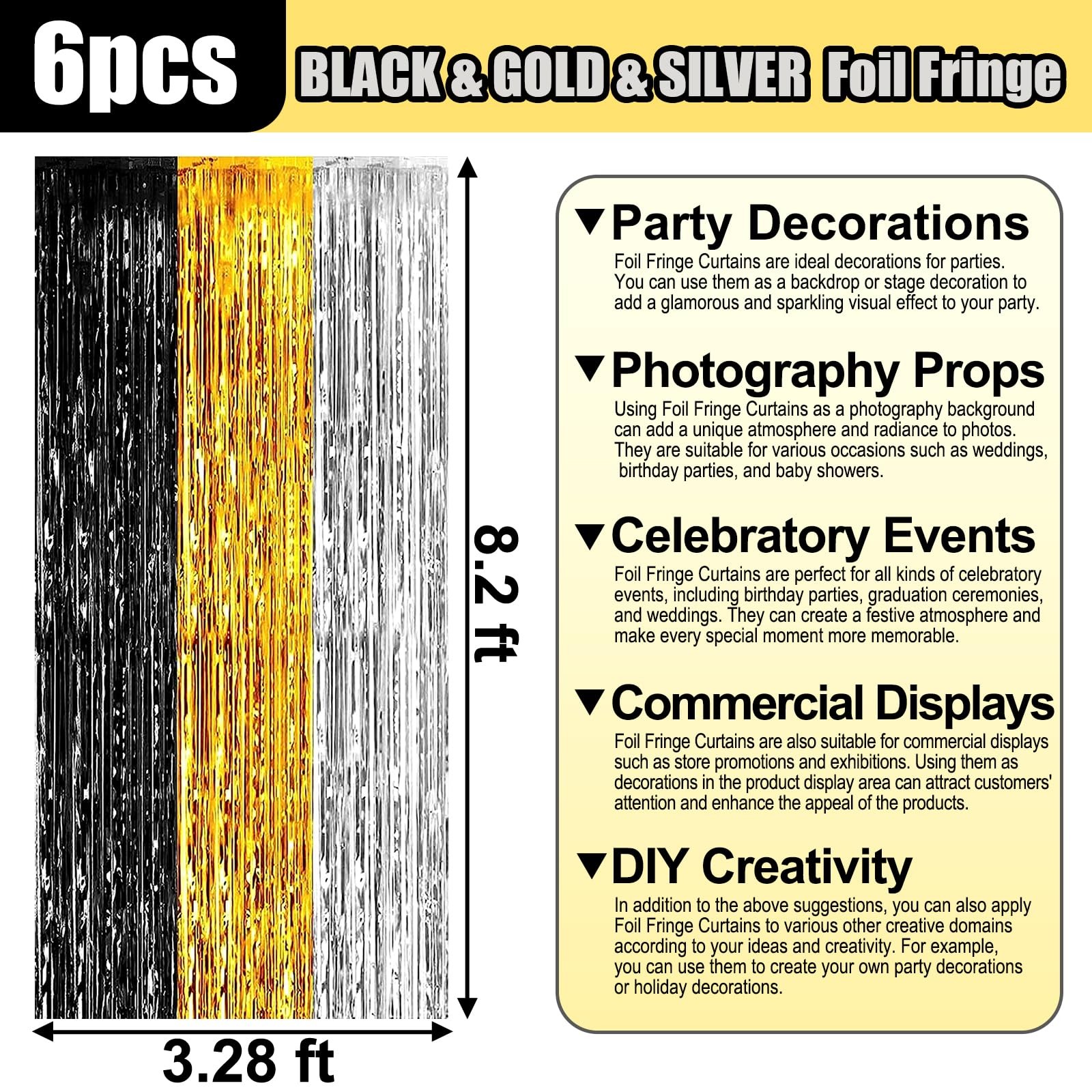6 Pack Black, Gold, Silver Foil Fringe Curtains, Tinsel Backdrop, 3.28 x 8.2 Ft