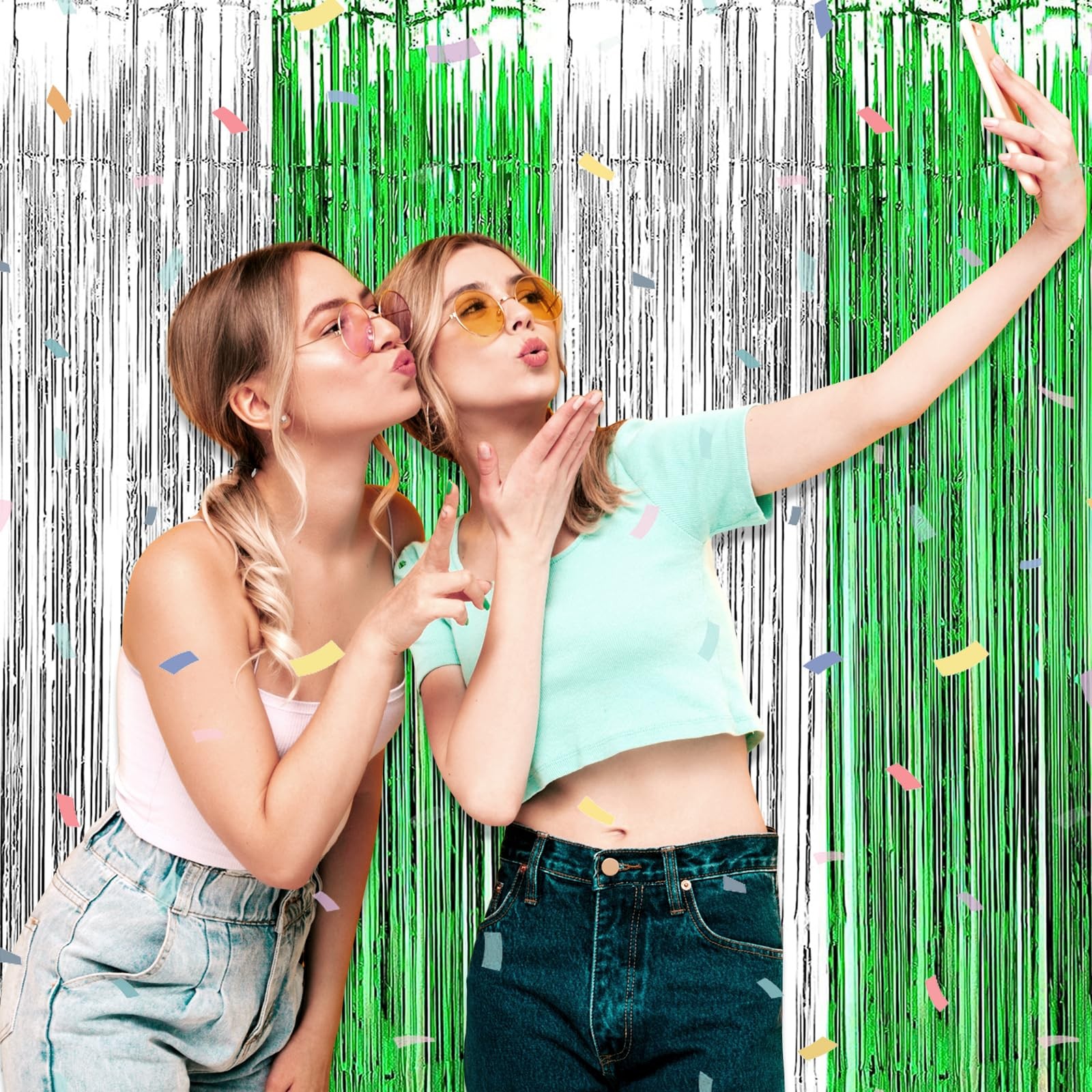 Silver Green Metallic Tinsel Foil Fringe Streamer Curtain Backdrops 6 Pack