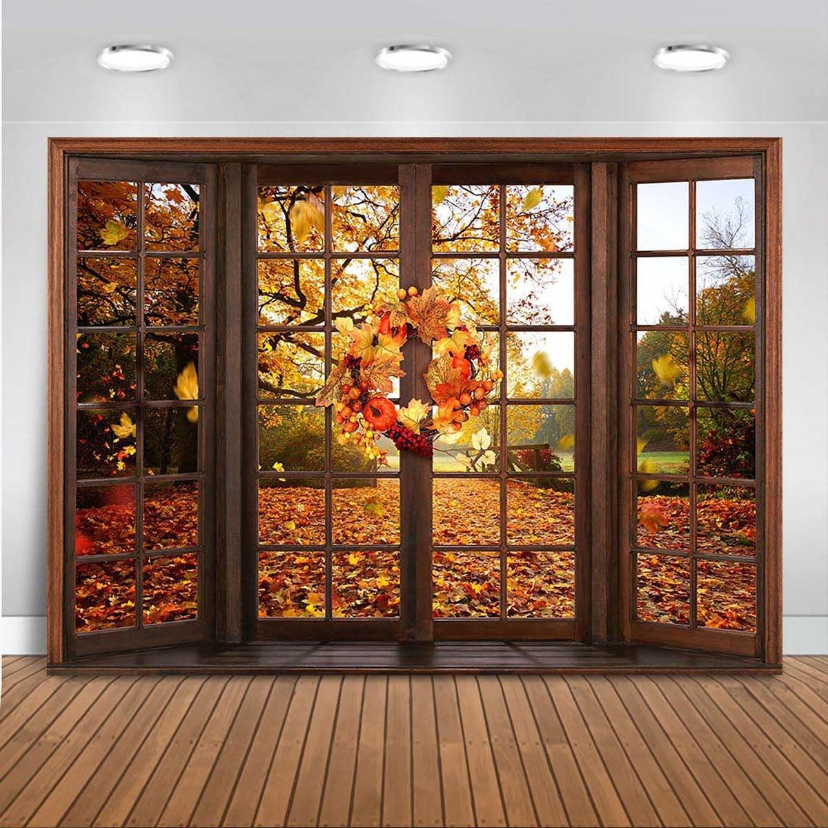 7x5ft Fall Backdrop Window Maple Leaves Fall Forest Photography Backdrop Autu…
