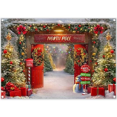 7x5ft Fabric Christmas Backdrop Winter Forest Wooden Barn Door North Pole
