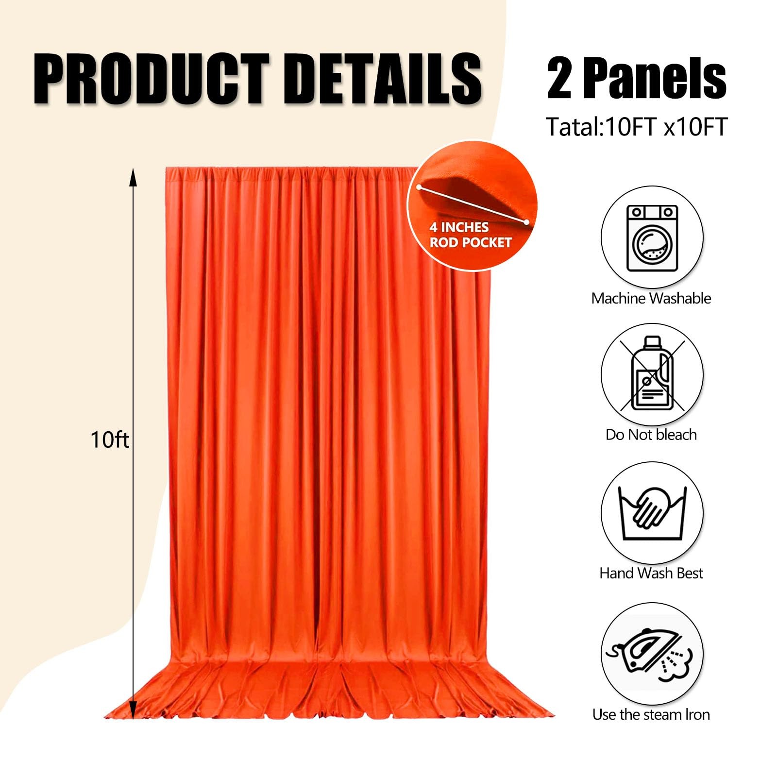 10×10 FT Deep Orange Backdrop Curtains For Parties Polyester Fabric 2 Panels