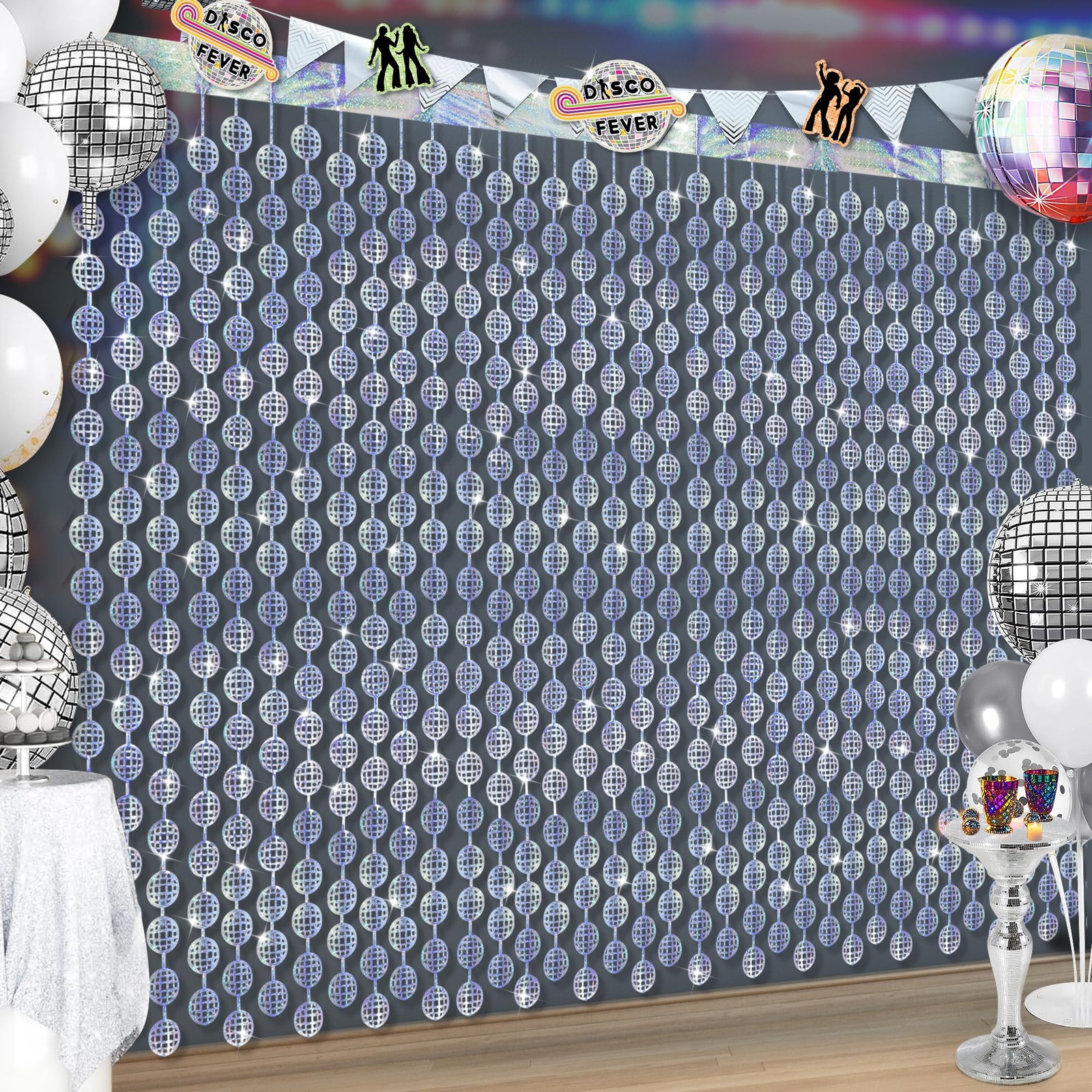 Disco Ball Foil Fringe Curtains 3 Pack Silver Tinsel Backdrop for 70s Party