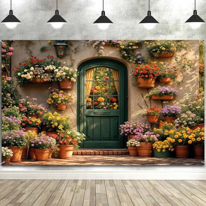 7x5ft Floral Spring Garden Backdrop Wooden Door Wedding Photo Prop Color1