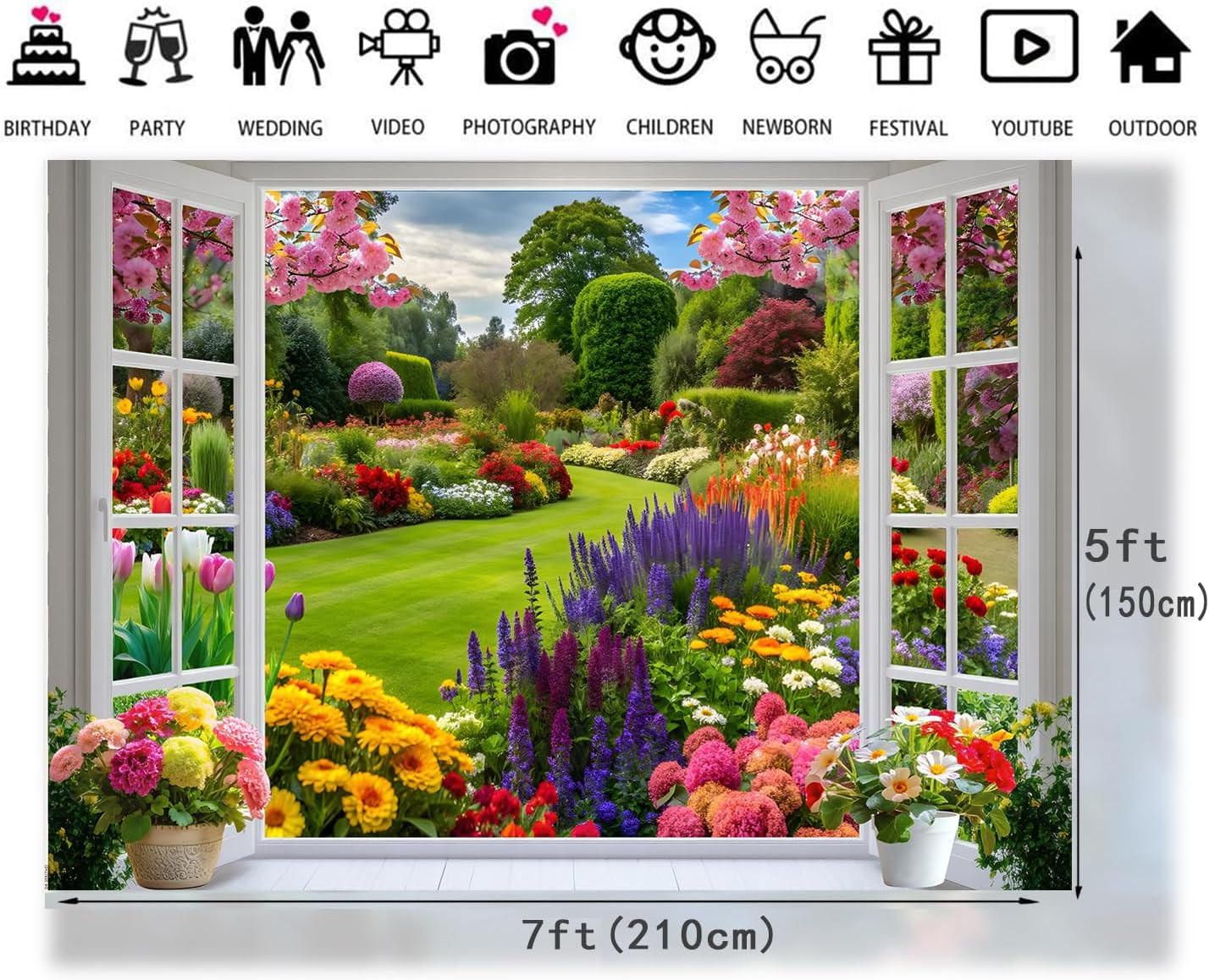 7x5ft Spring Summer Garden Window Backdrop Floral Nature Landscape Photo Backgro