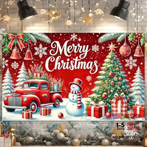 Red Truck Backdrop with Snowman 71×43 Inch Merry Christmas Banner