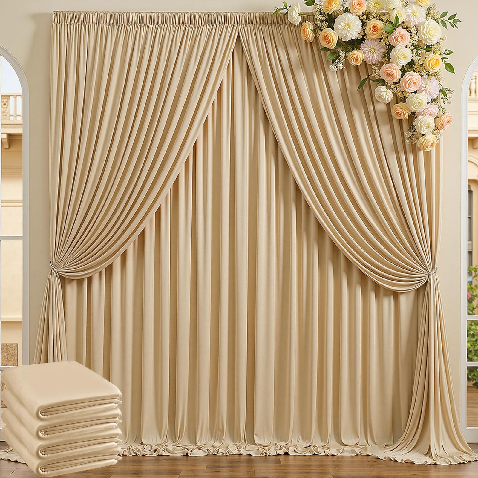 20ft x 10ft Beige Backdrop Curtains for Parties Weddings, 4 Panels 5×10ft Sof…