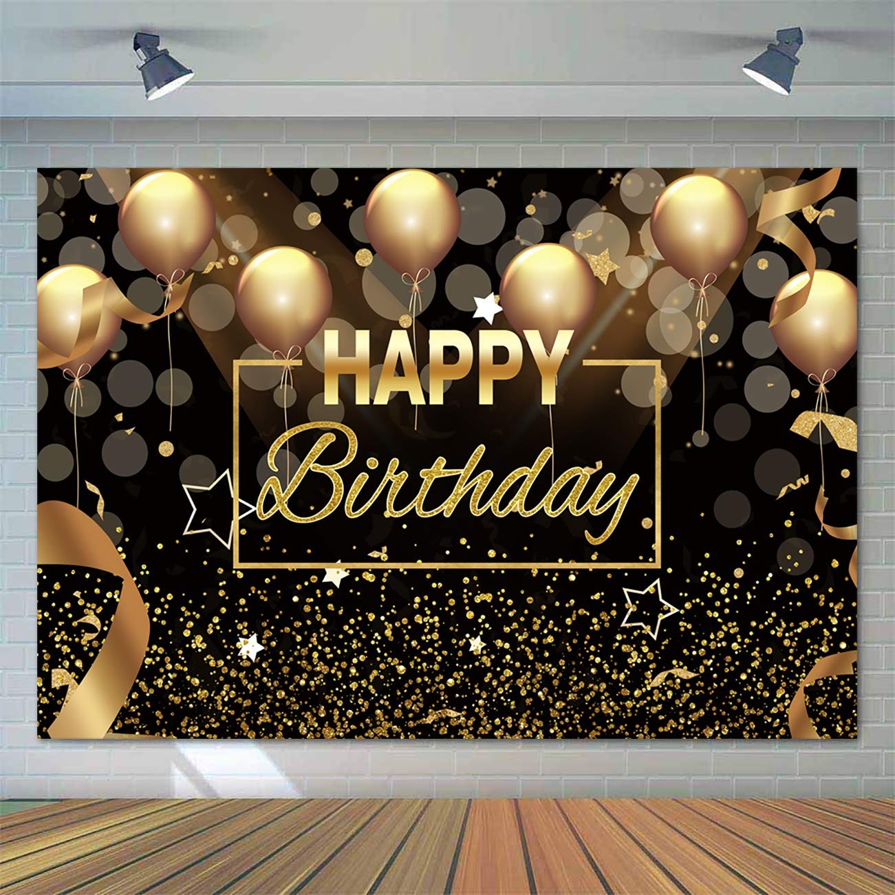 Sensfun Black Gold Happy Birthday Backdrop Sparkle 7x5ft,