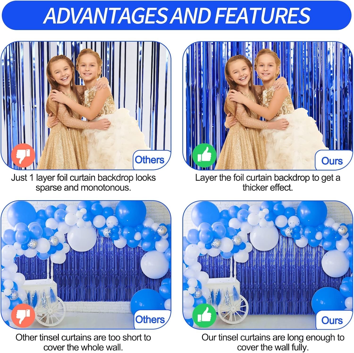 3 Pack 3.3 x 9.9 ft Dark Blue Foil Fringe Backdrop Curtain, Streamer Backdrop…