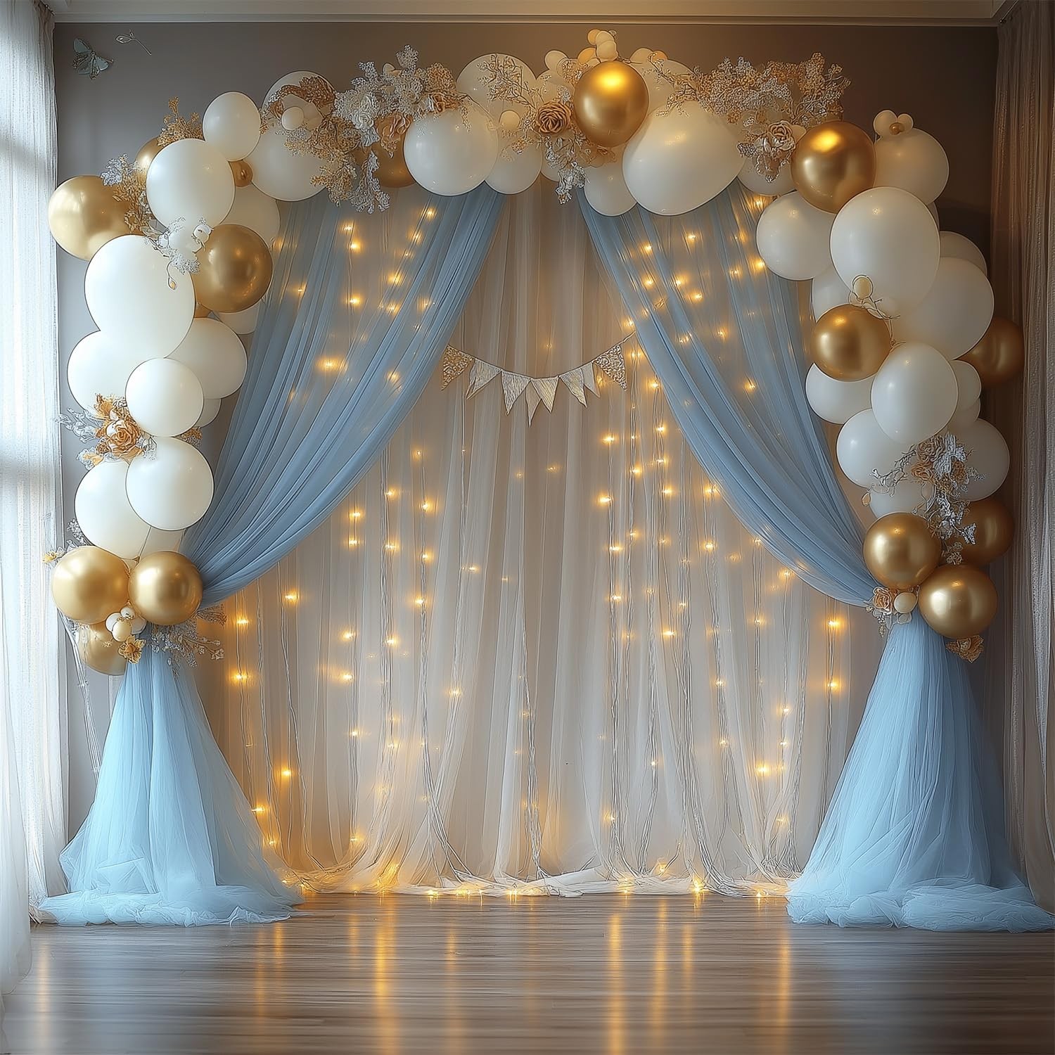 Baby Blue Tulle Sheer Backdrop Curtains Drapes With Light String 10x8ft 2 Panel