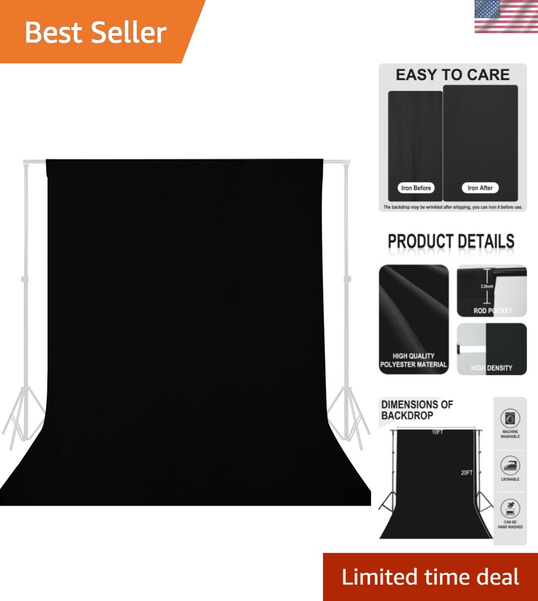 Lightweight 10FT x 20FT Black Photography Backdrop – Water Resistant & Washable