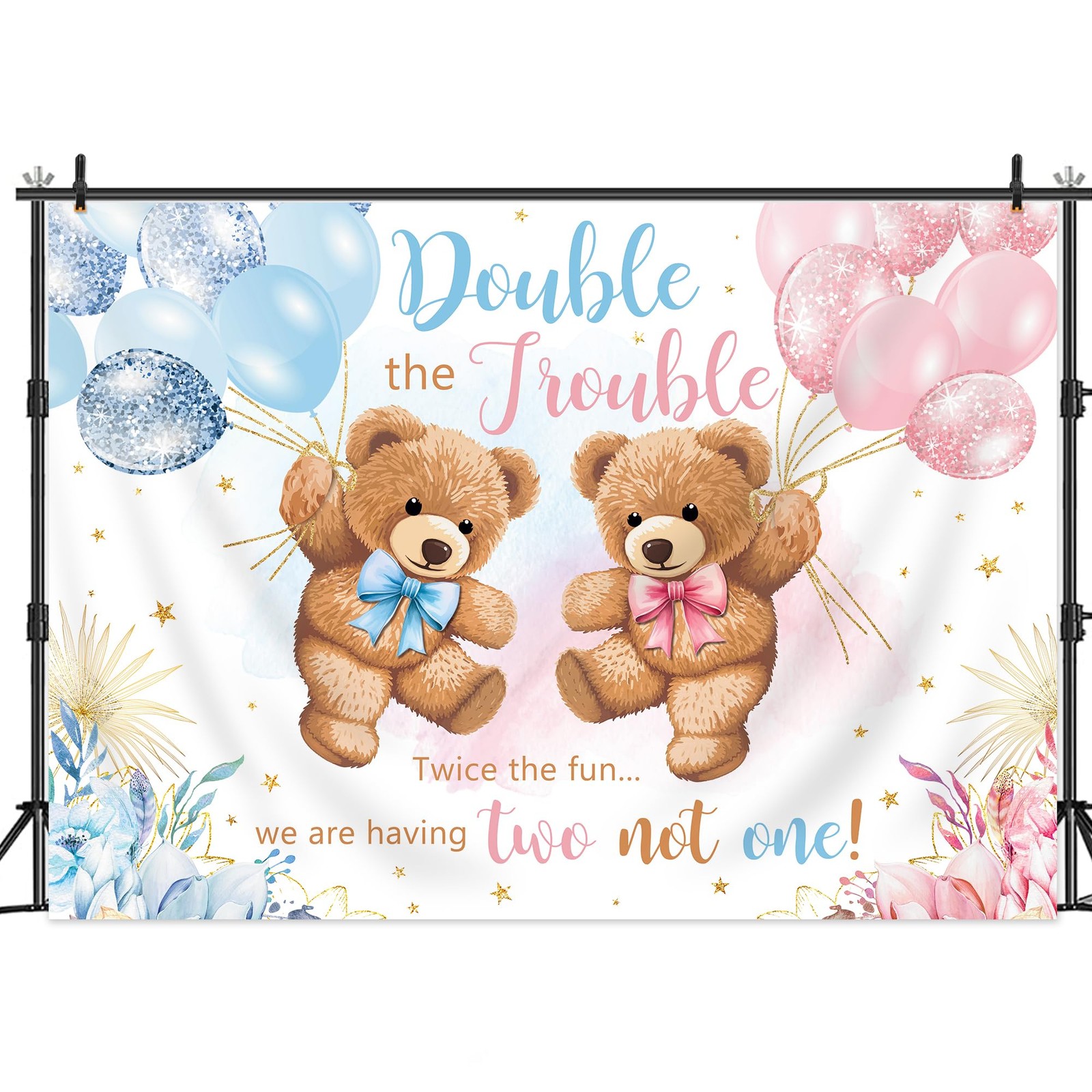 7Wx5H Feet Double The Trouble Twins Baby Shower Gender Reveal Backdrop