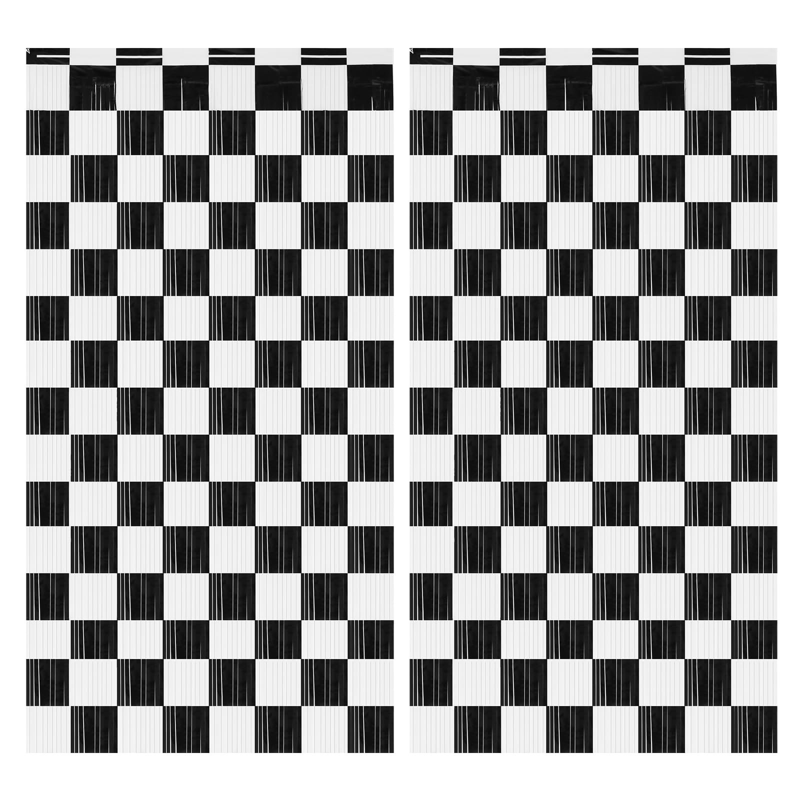 2 PCS 3.28×6.56ft Black White Checkered Foil Fringe Curtains Backdrop Hub