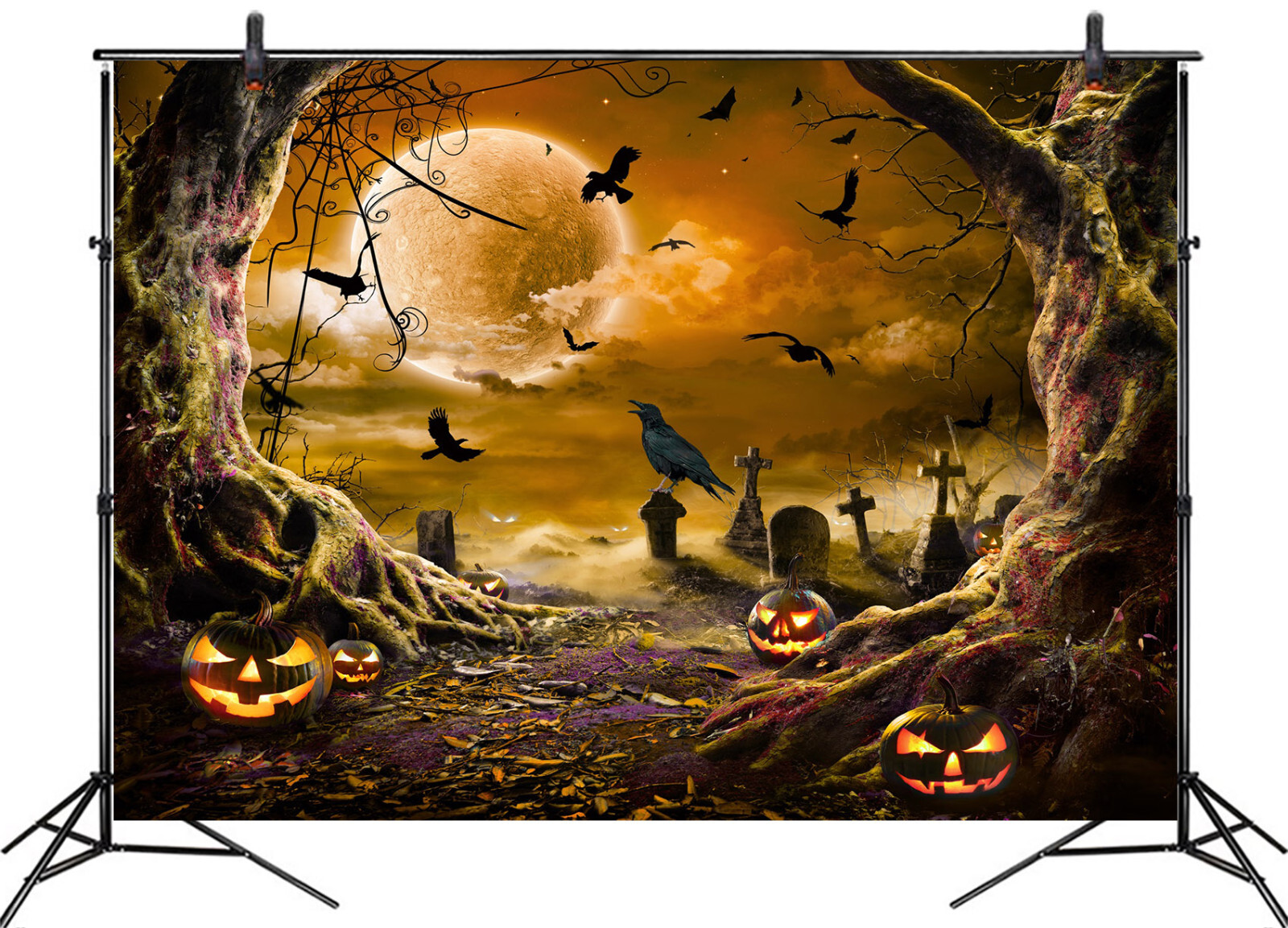 10x8ft Pumpkin Orange Full Moon Bat Halloween Photo Background Studio Props