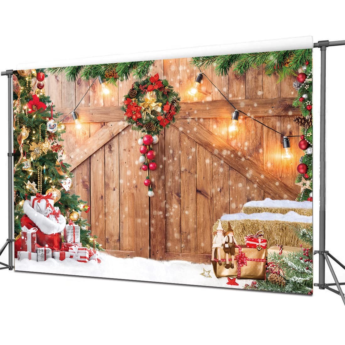 CYLYH 7x5FT Christmas Barn Wood Door Photography Backdrop Xmas Tree Snow Gift…