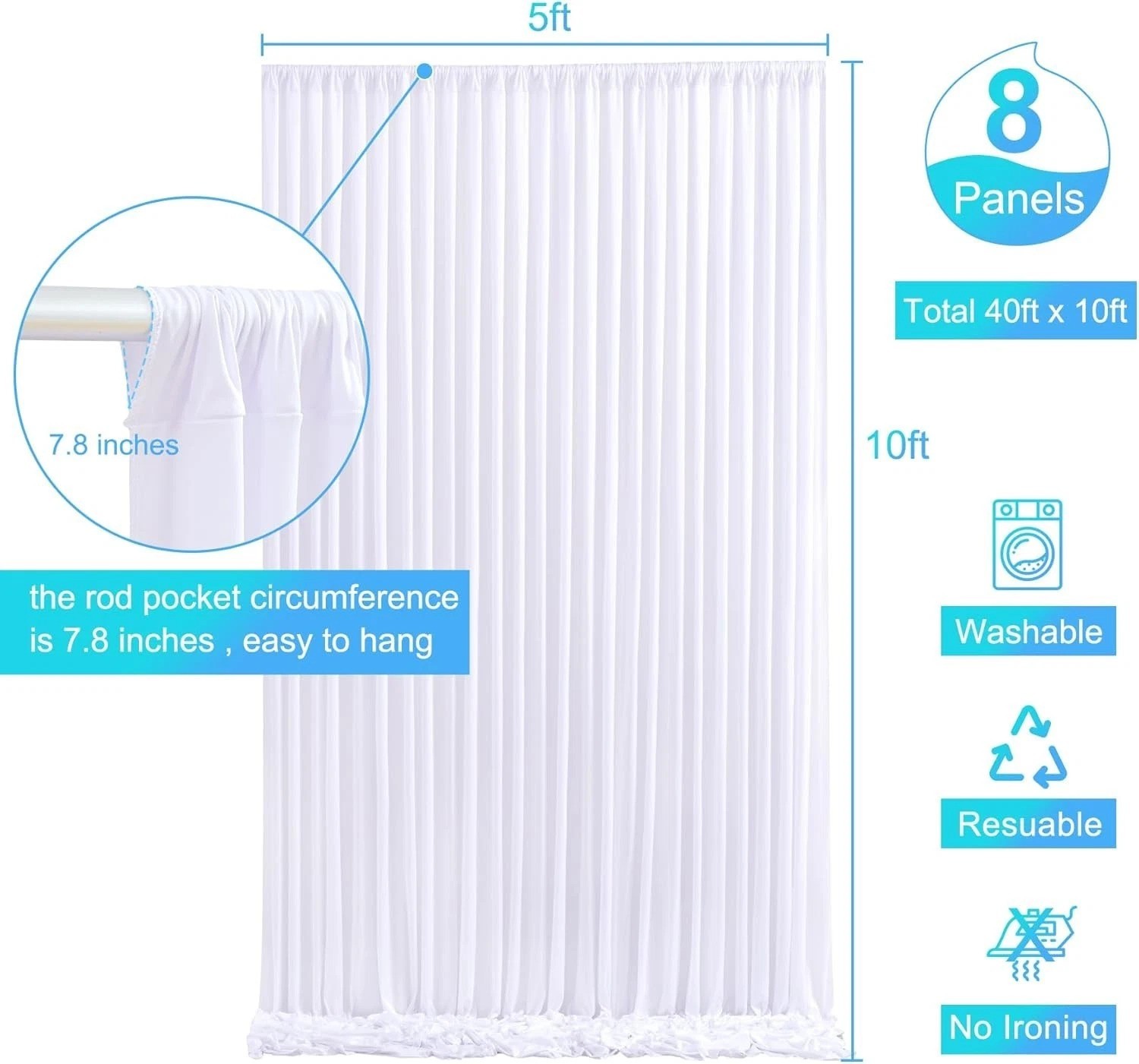 8-Pack White Wrinkle-Free Backdrop Curtains 40ft x 10ft for Parties & Events