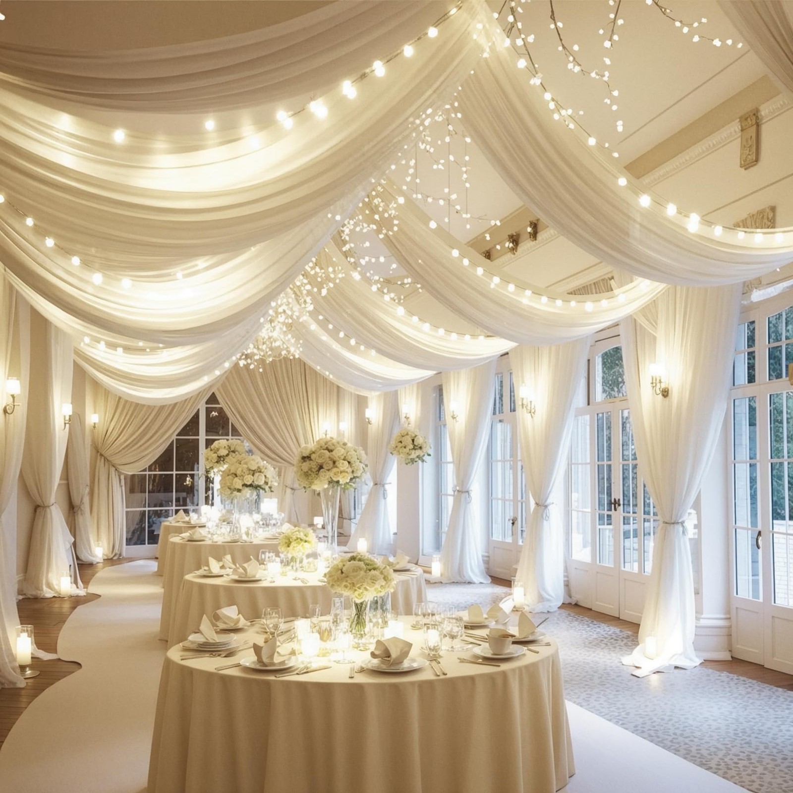 Ivory Ceiling Drapes with Lights – String Drapes for Wedding & Party Decorations