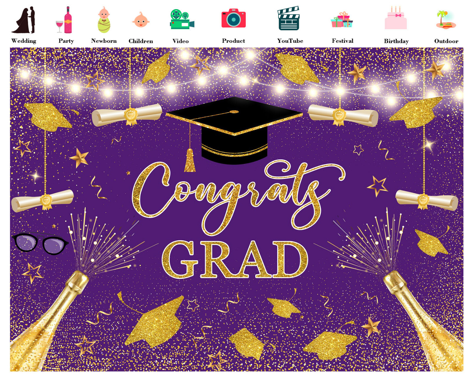 10x8ft Gold and Purple Bachelor’s Cap Graduation Vinyl Backdrop Photo Background