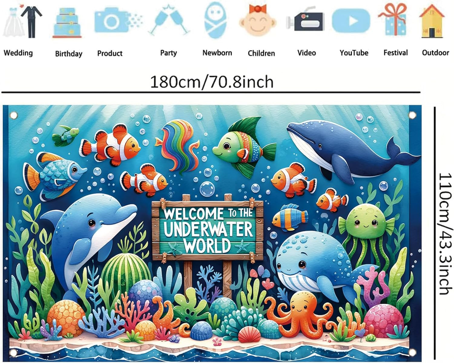 Underwater World Backdrop Banner Ocean Party Decoration Cute Sea Animal Banner f