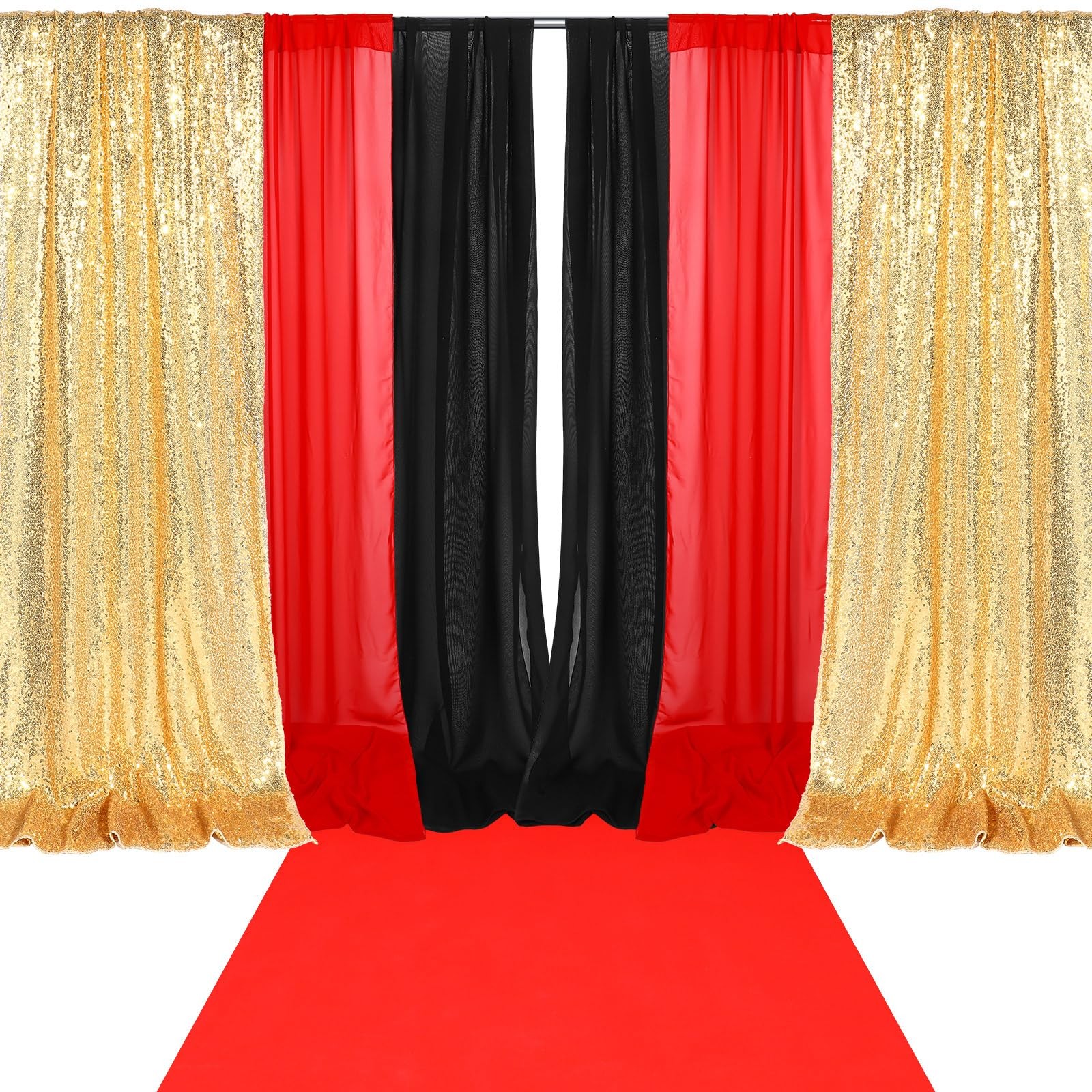 7 Pcs Red Black Gold Movie Night Sequin Backdrop Curtains with Red Carpet 2ft…