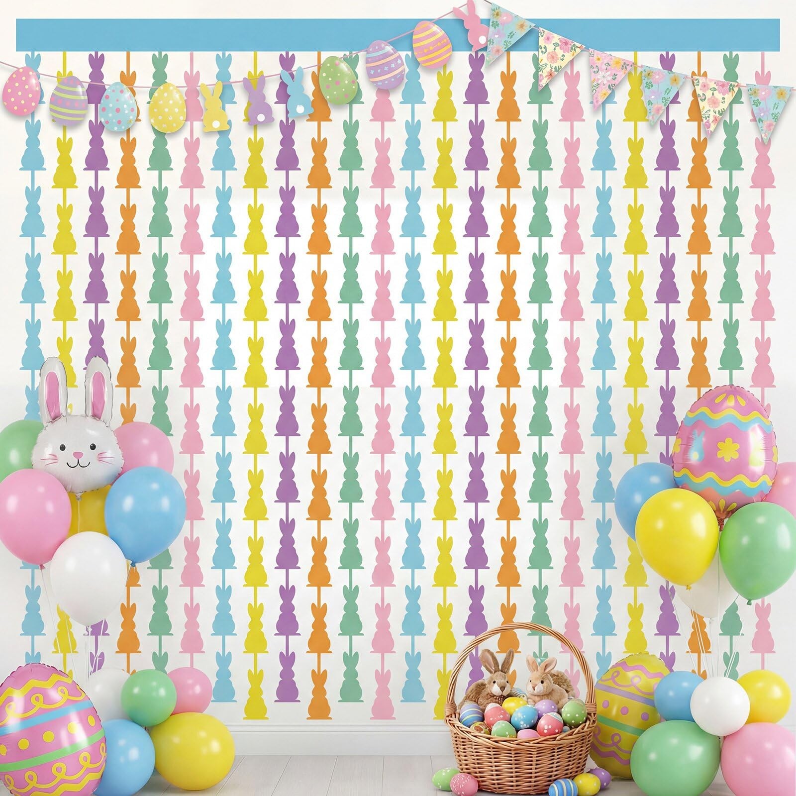2 PCS Easter Foil Fringe Curtains 3.28 ft x 6.56 ft Bunny Tinsel Backdrop