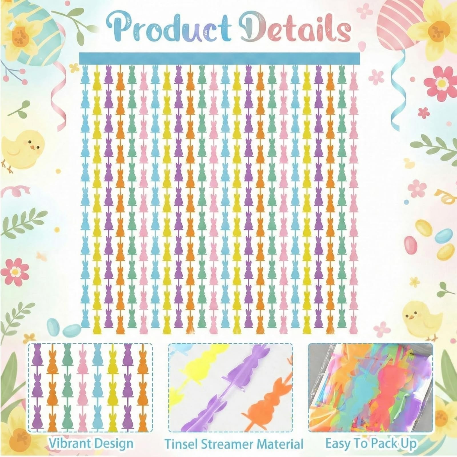 2 PCS Easter Foil Fringe Curtains 3.28 ft x 6.56 ft Bunny Tinsel Backdrop