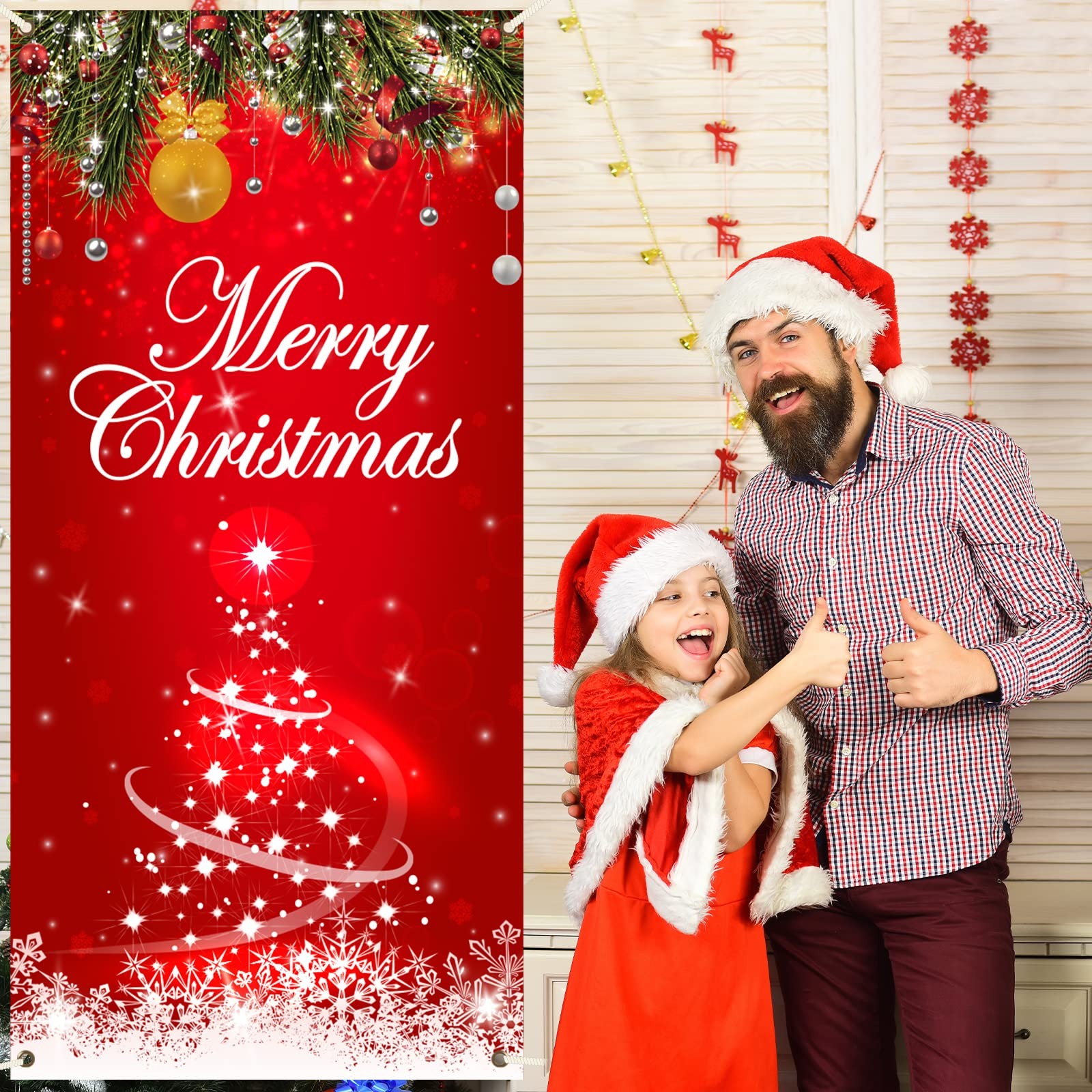 Merry Christmas Door Cover Red Xmas Backdrop Door Banner Santa Claus Merry Ch…