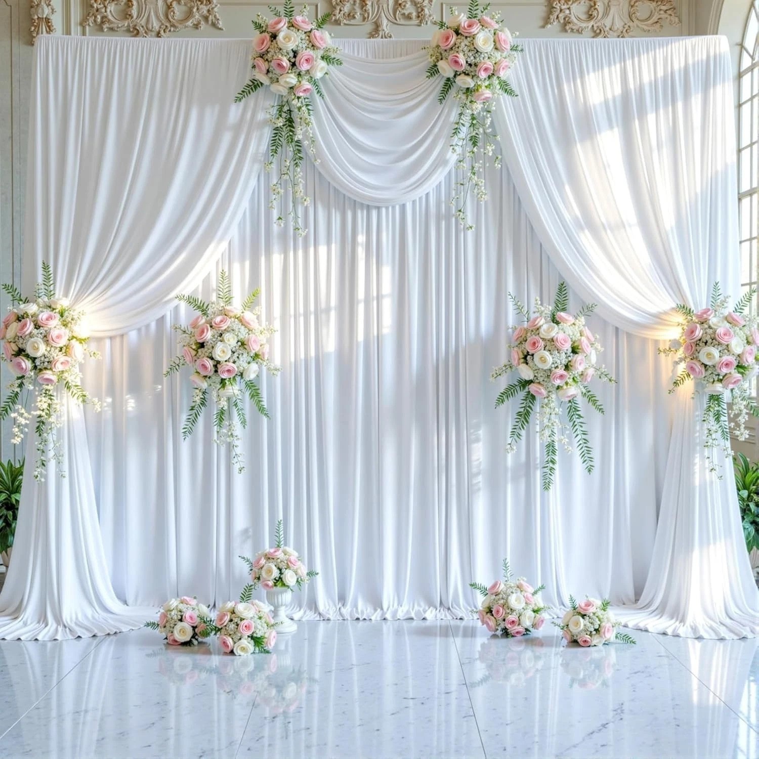 8-Pack White Wrinkle-Free Backdrop Curtains 40ft x 10ft for Parties & Events