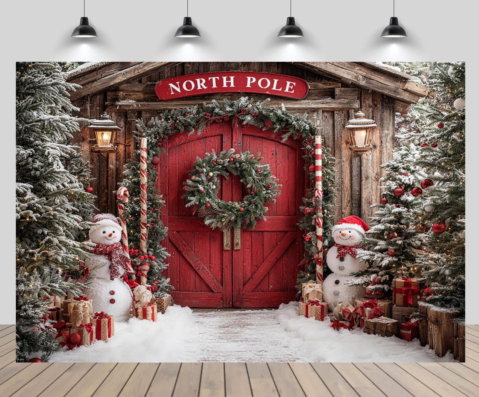 9×6 FT Christmas North Pole Backdrop Snowman Snowy Pine Forest Red Door