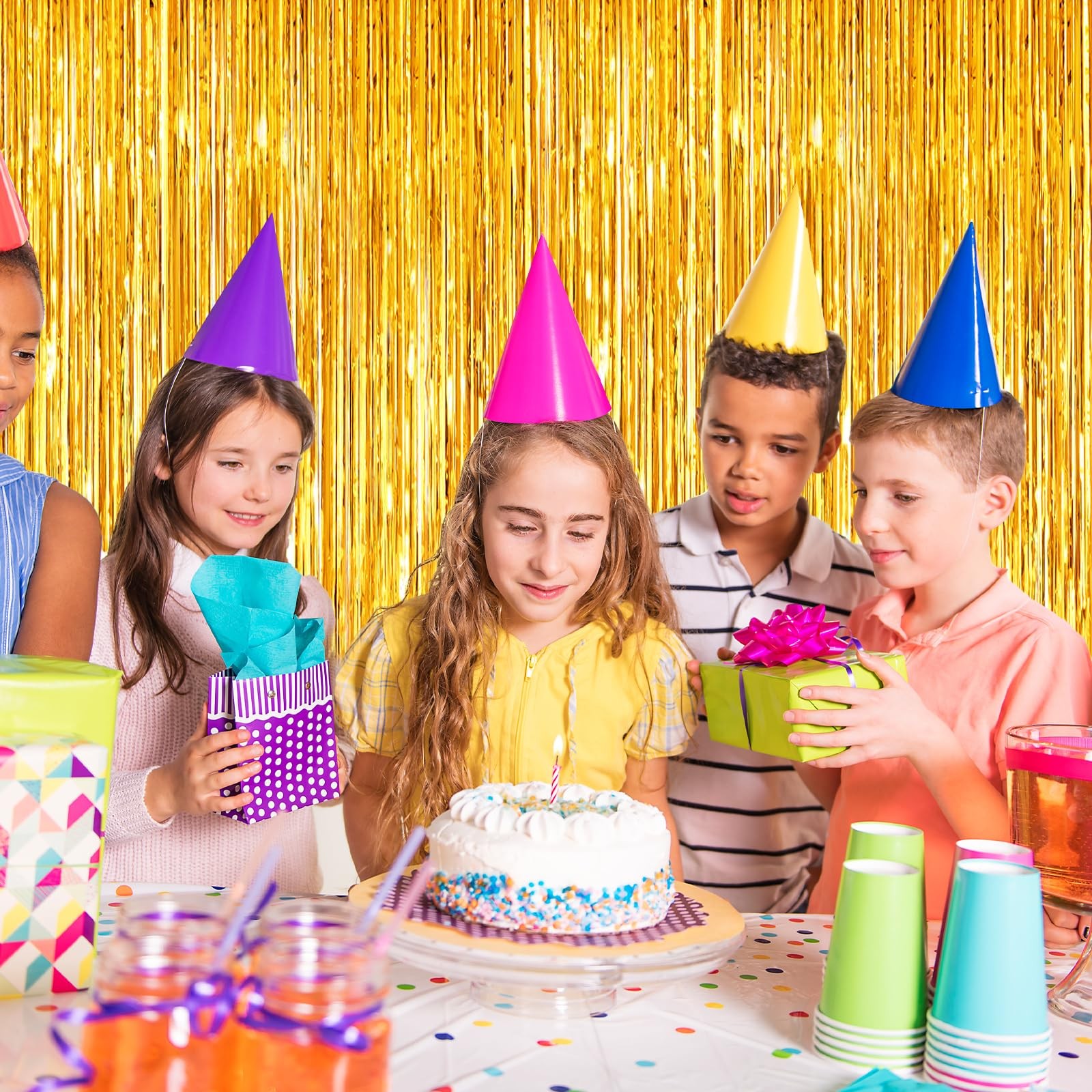 Gold Tinsel Backdrop Foil Curtain Birthday Streamers Photo Booth Props 2 Packs