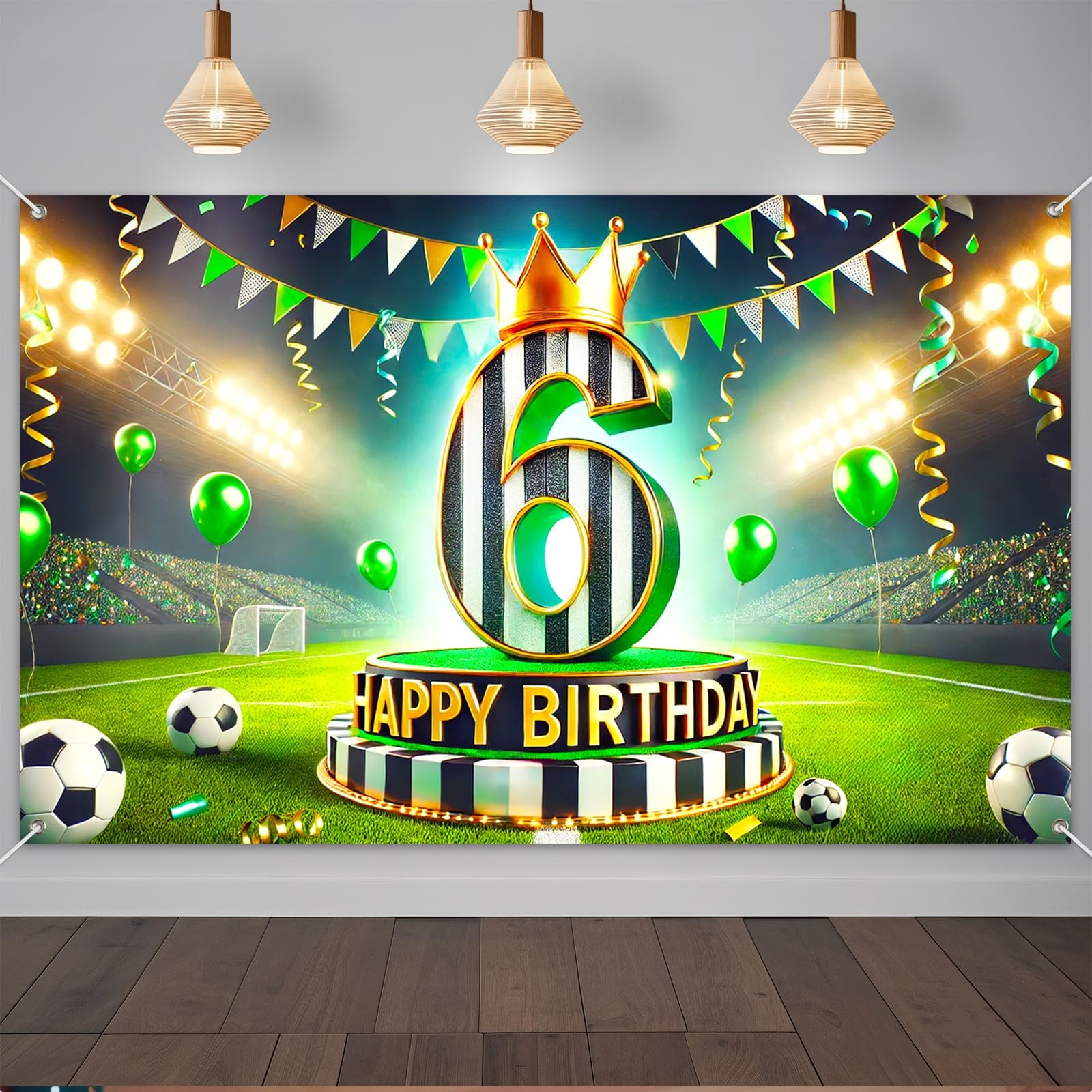 Soccer 6th Birthday Backdrop Banner 71×43 Inch Black White Green Crown Footba…