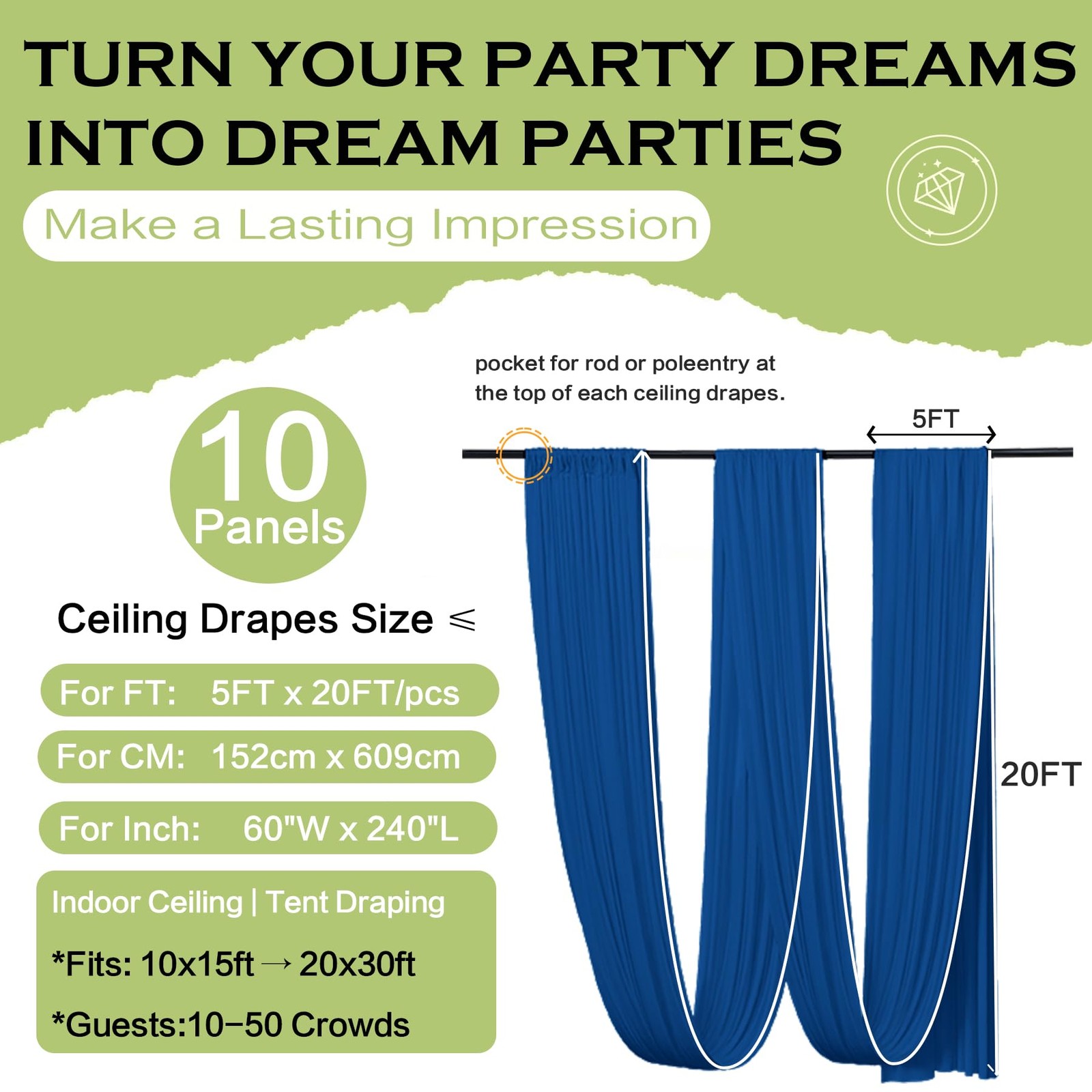10 Panels 5ft(W) x 20ft(H) Royal Blue 60″W x 240″L (Pack of 10),
