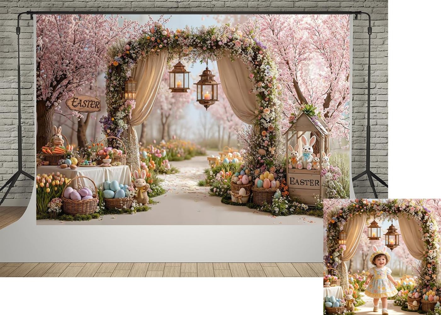 Spring Garden Pink Flowers Tree Photography Backdrop Bunny Easter 7×5 Ft