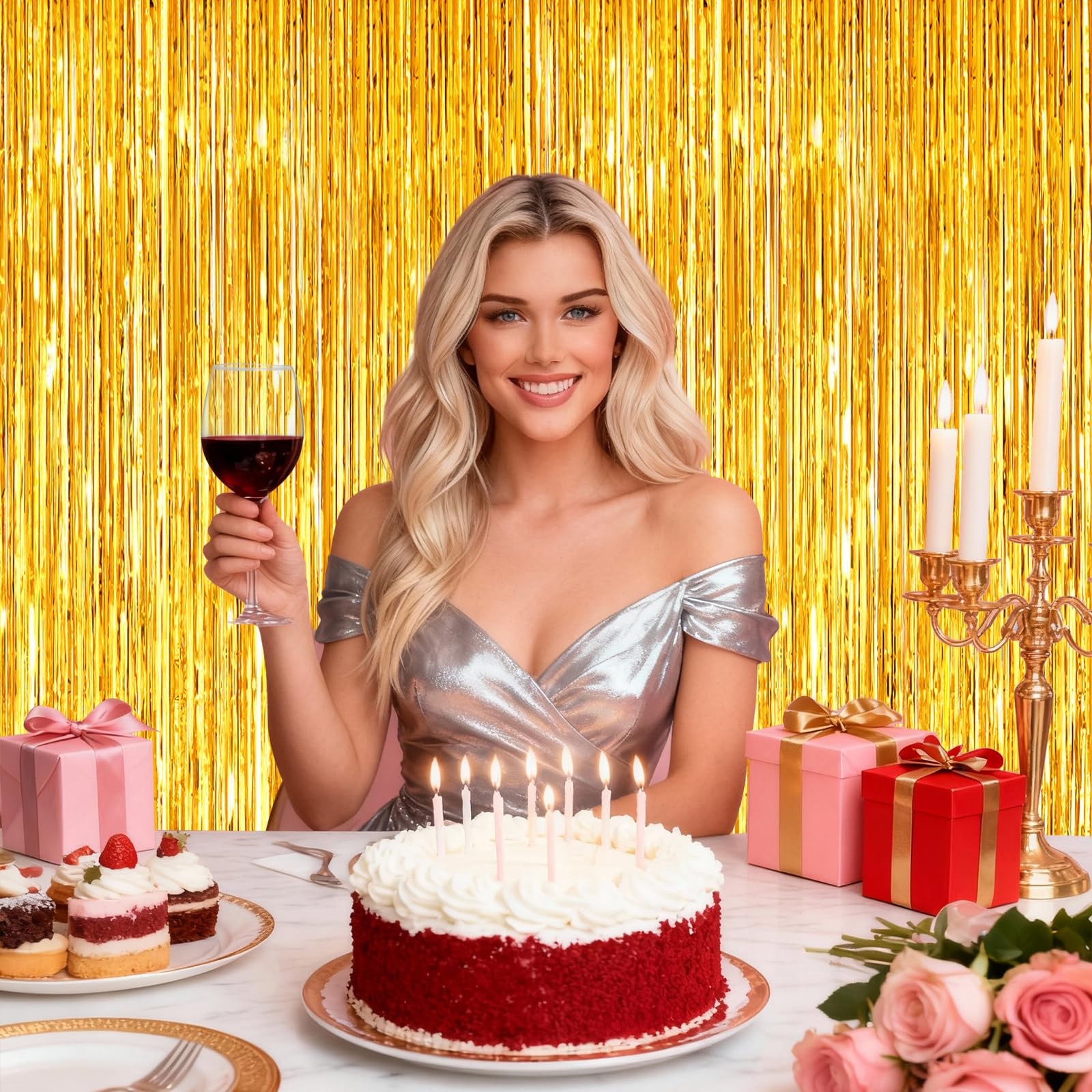 Gold Tinsel Backdrop Foil Curtain Birthday Streamers Photo Booth Props 2 Packs