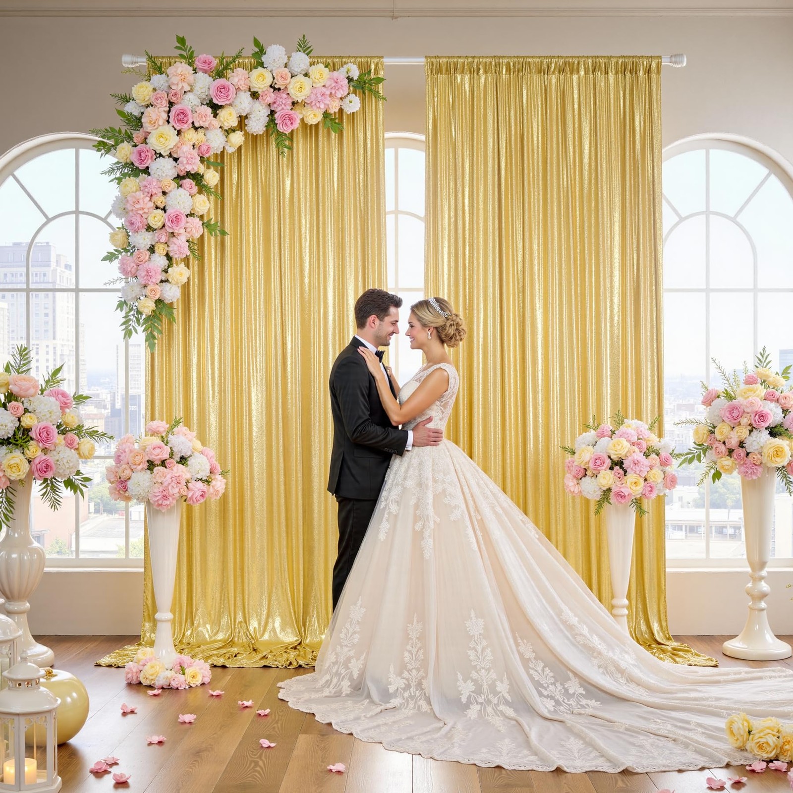 10x10FT Gold Sequin Backdrop – 2 Panels 5x10FT Wrinkle-Free Glitter Drapes fo…