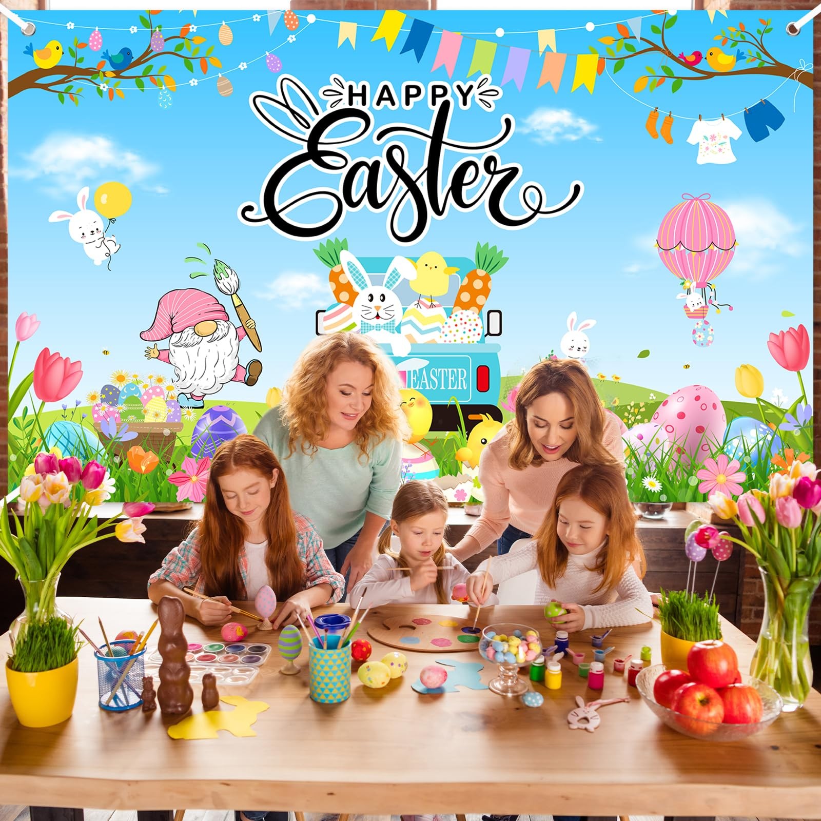 Mocsicka Happy Easter Banner Backdrop Colorful Bunny Eggs 6×3.6ft, Multi