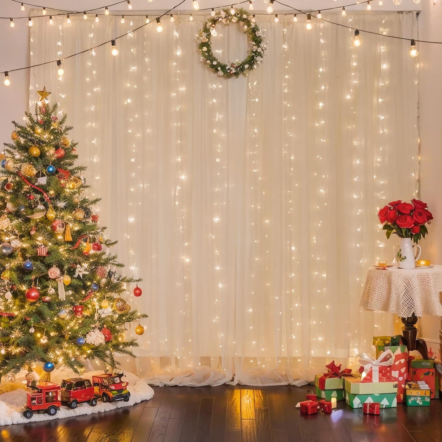 10×10ft Champagne Tulle Backdrop Curtain with Lights 10ftx10ft,