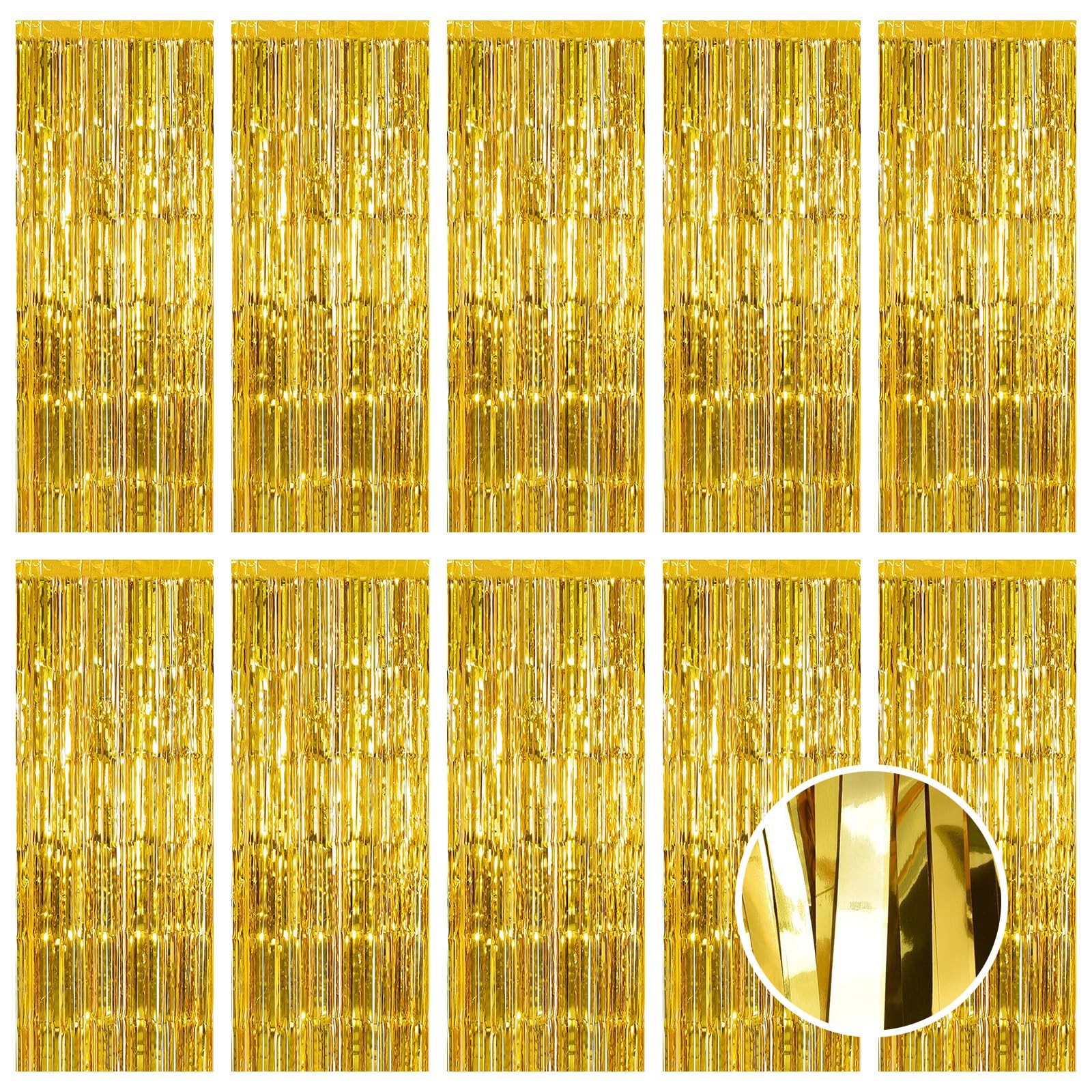 10 Pack Gold Foil Curtain Backdrop 3.2ft x 9.8ft Metallic Tinsel Foil Fringe …