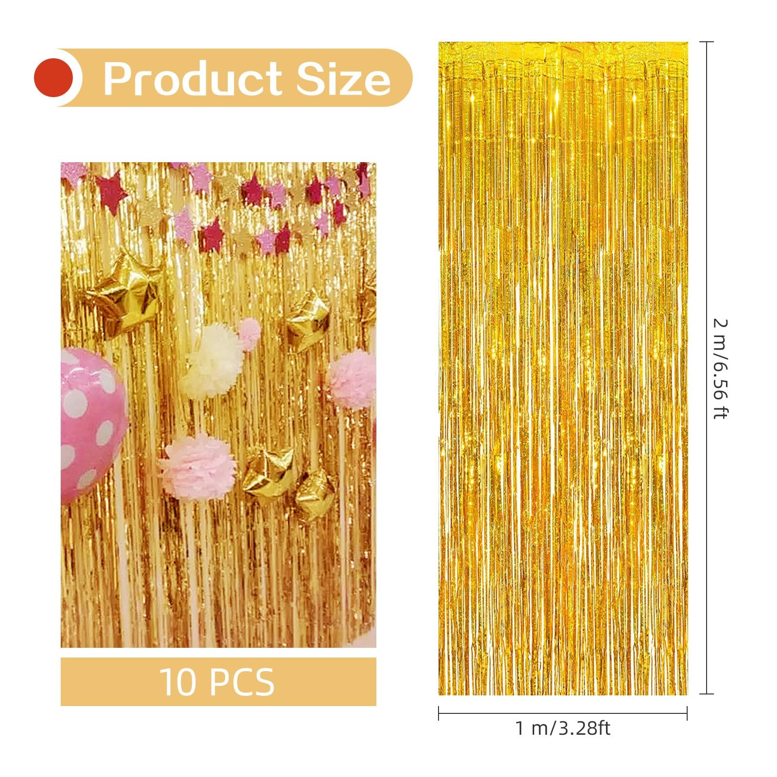 Gold 3.2×6.6ft Metallic Tinsel Foil Fringe Streamer Curtain Backdrop 10 PCS