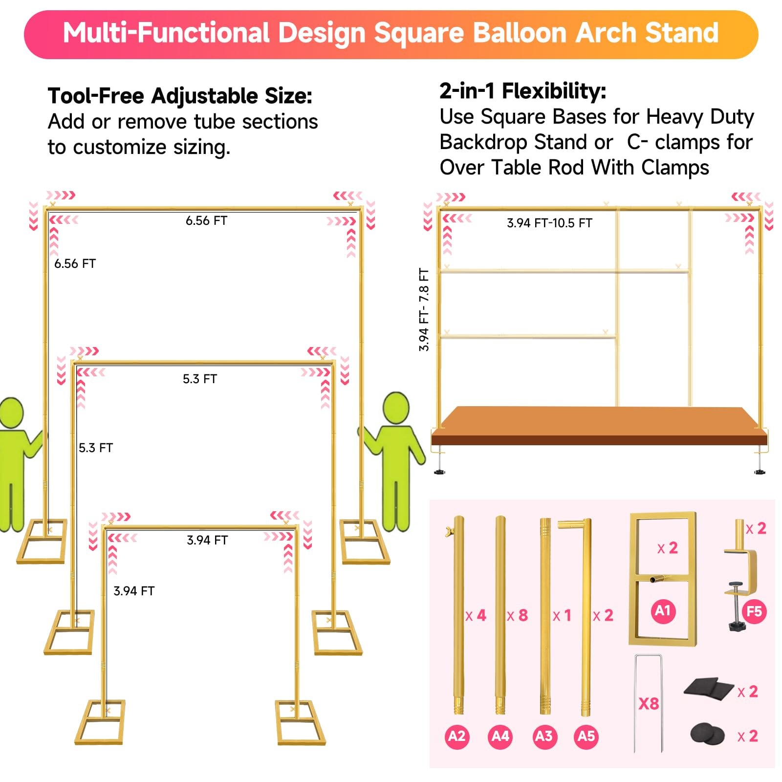 Square Backdrop Stand, Wedding Arch Heavy Duty Adjustable Stand, Over The Tab…